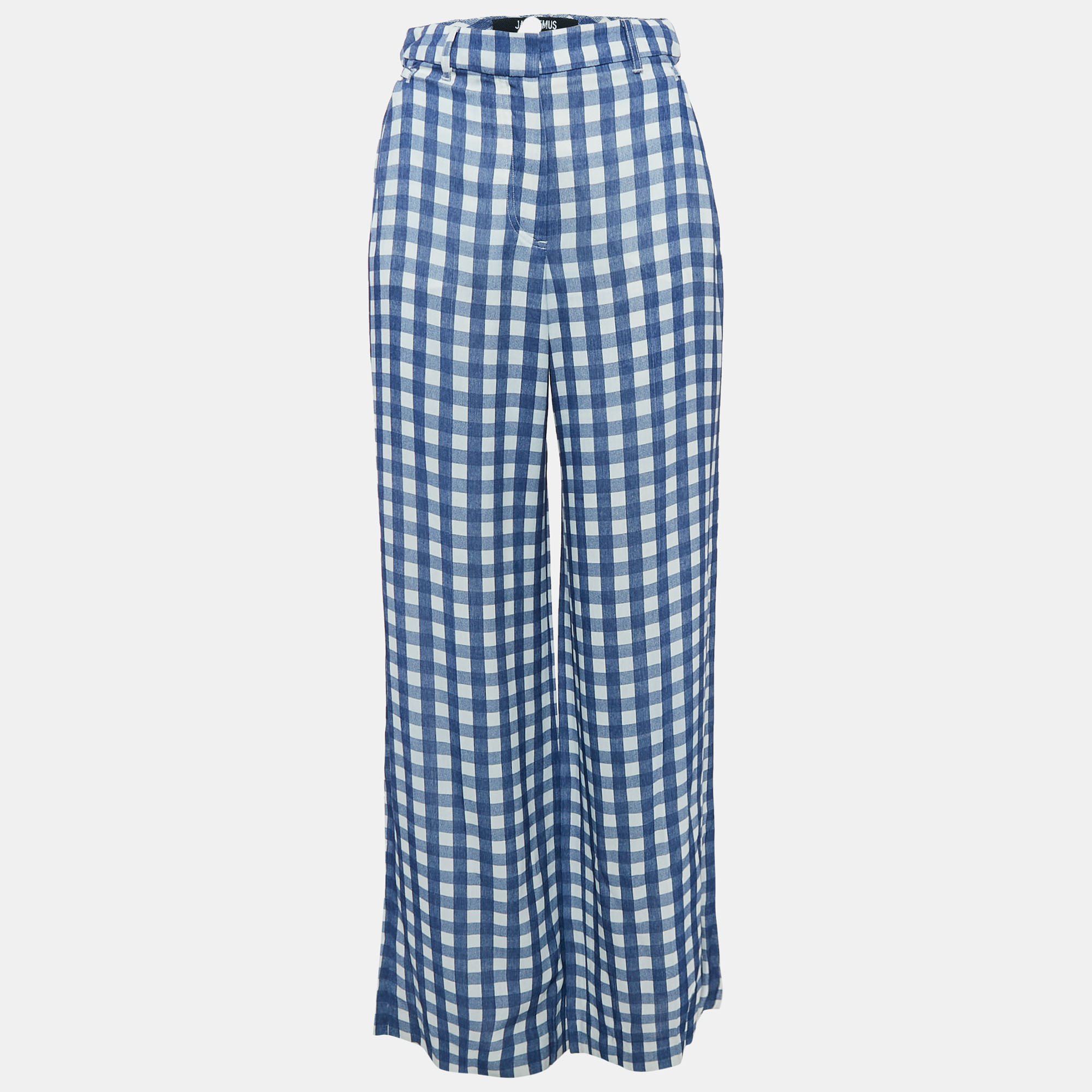 

Jacquemus Blue/White Checked Crepe Straight Leg Trousers XS