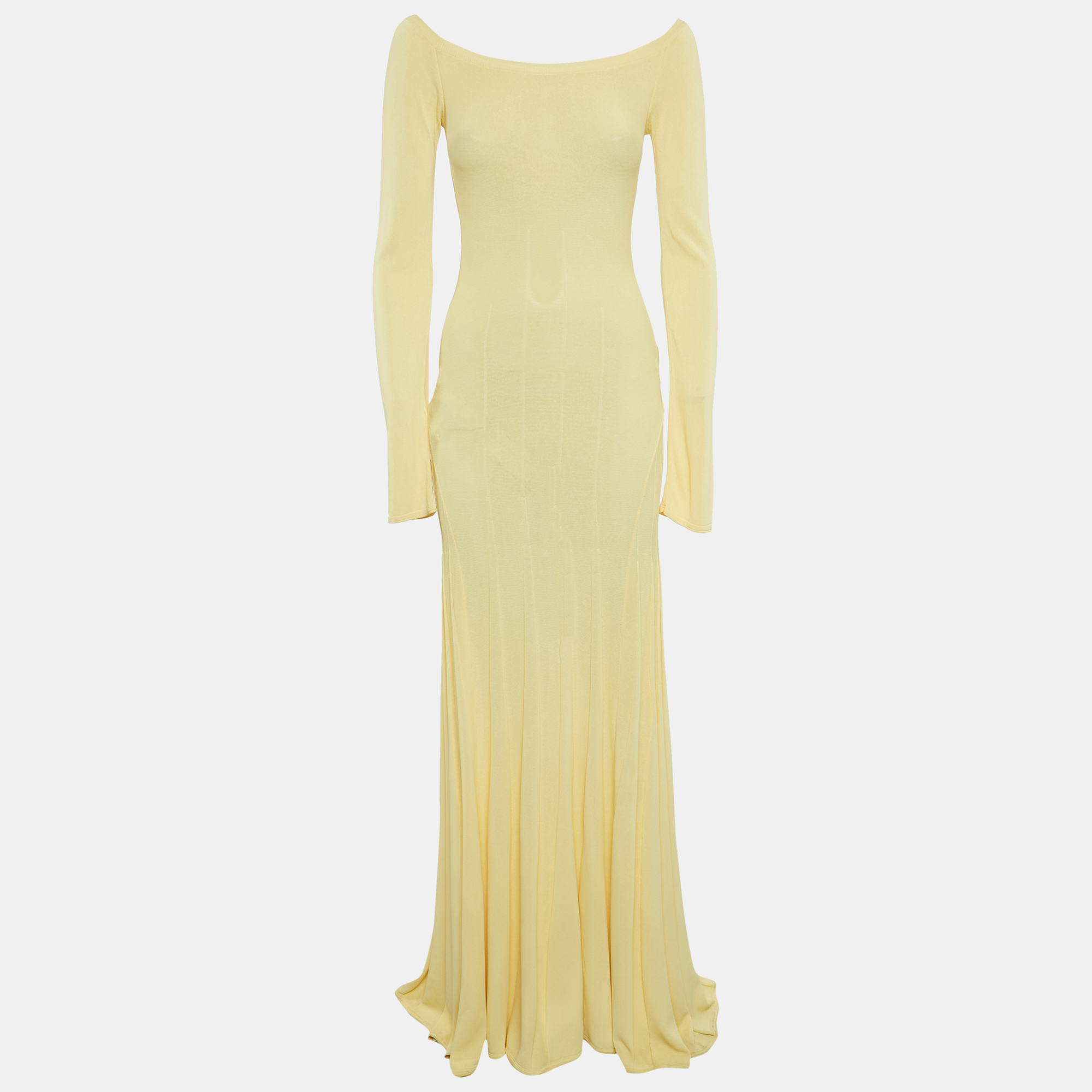 

Jacquemus Yellow Stretch Knit Pleated Valensole Off-Shoulder Maxi Dress S