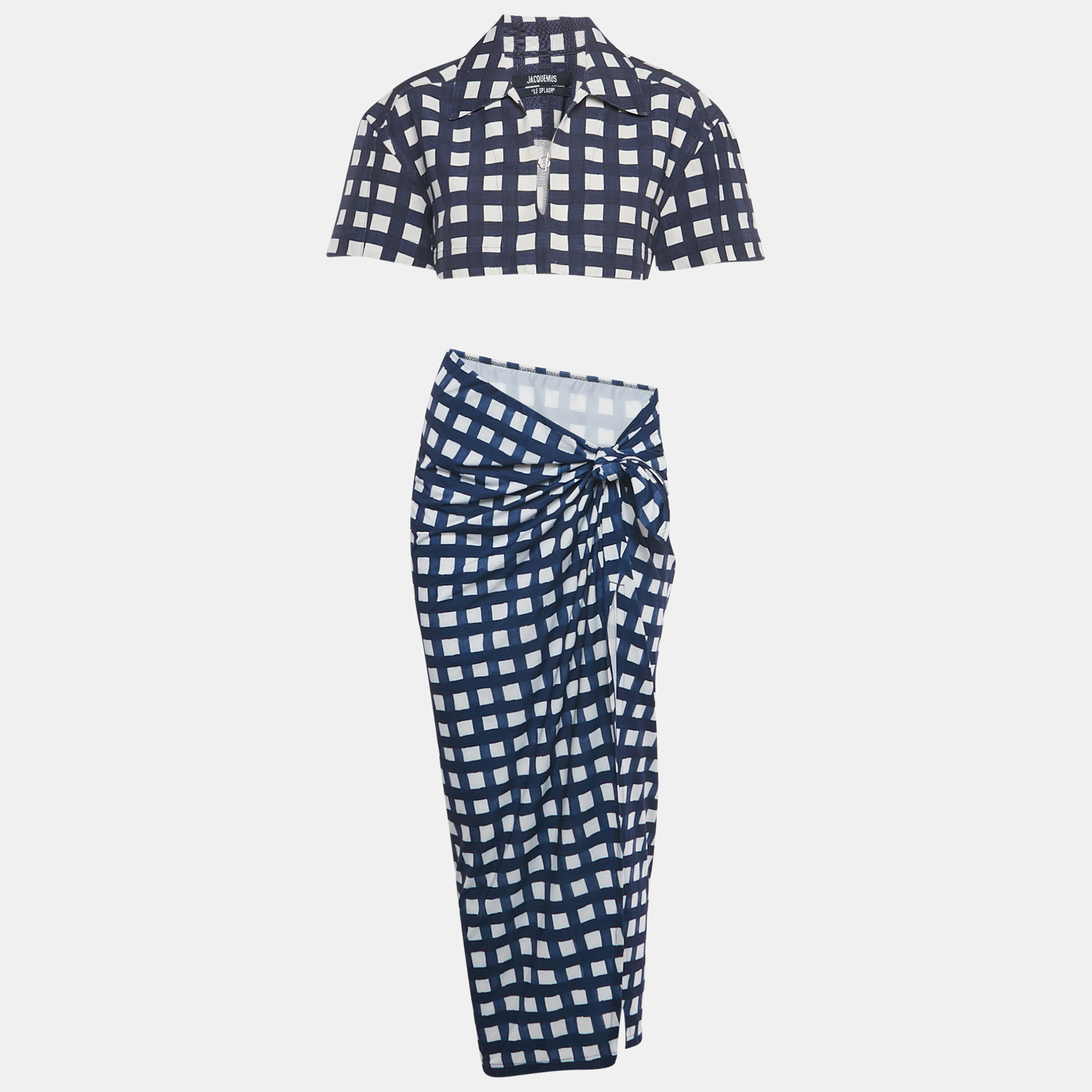 Pre-owned Jacquemus Navy Blue/white Checkered Silk Blend & Jersey Crop Top & Skirt Set S