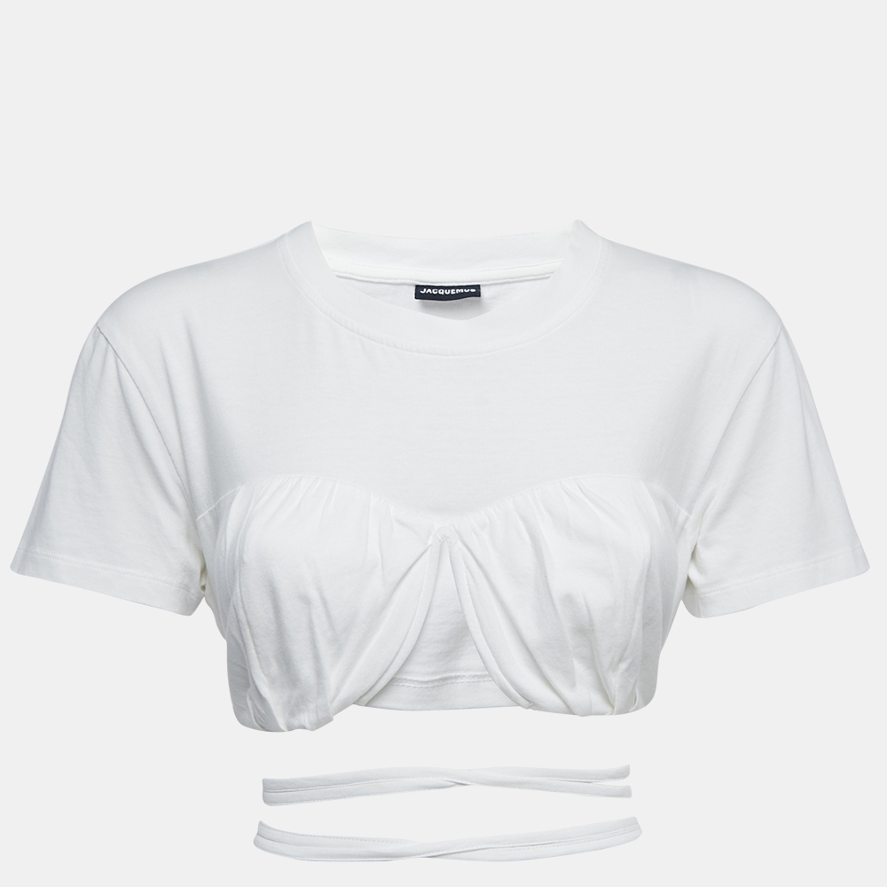 Pre-owned Jacquemus White Cotton Tie Detail Short Sleeve Crop Top M