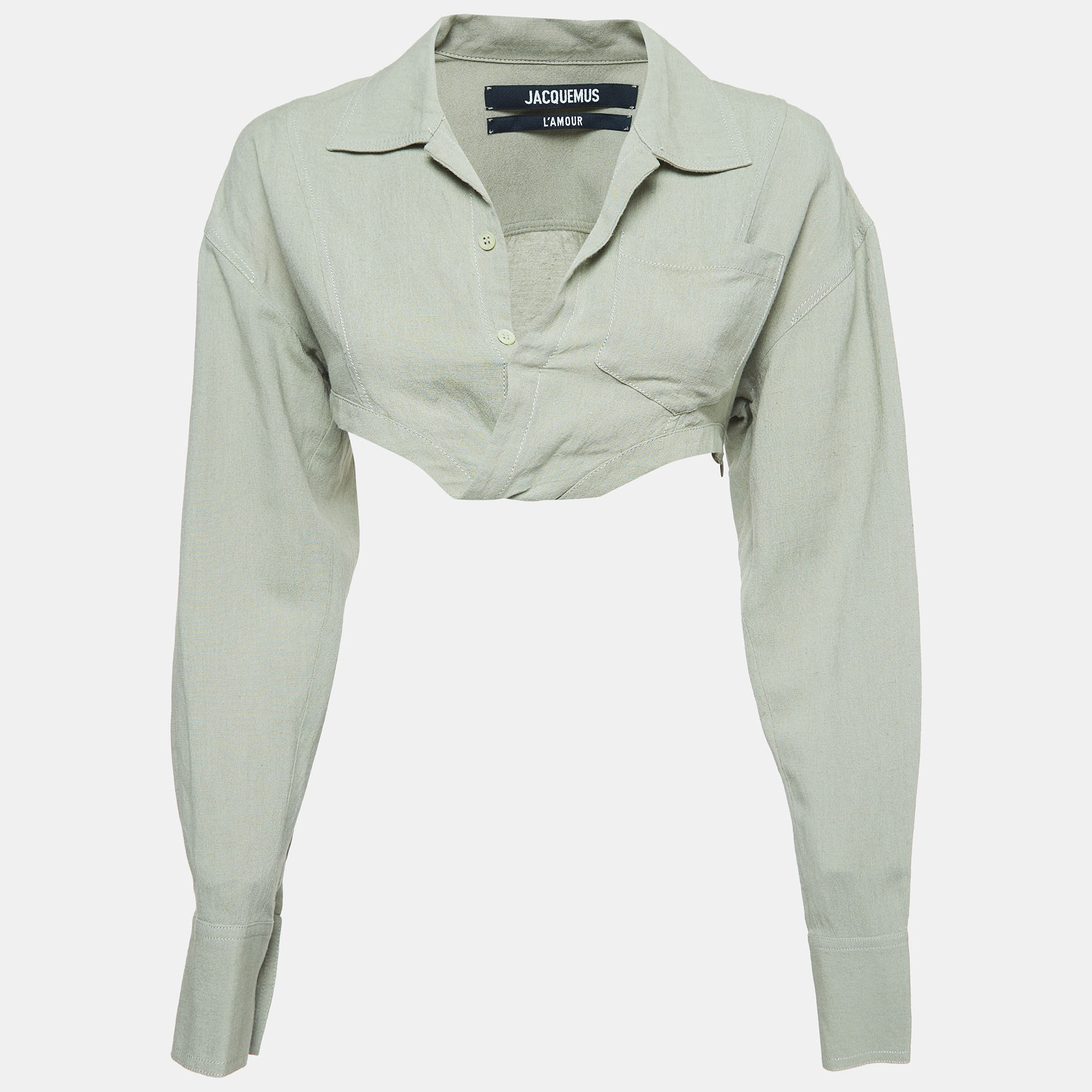 

Jacquemus Green Linen Blend Asymmetric Crop Shirt