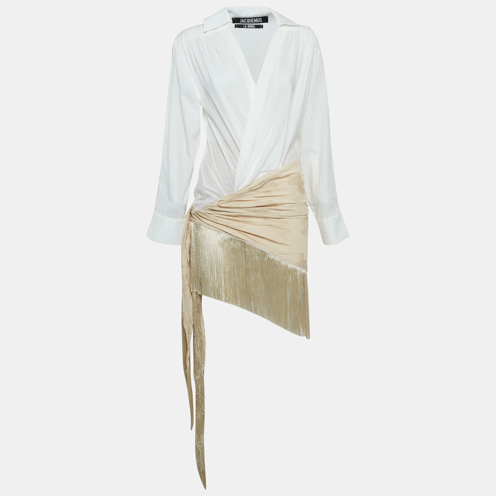 

Jacquemus La Bomba White Cotton and Crepe Fringe Shirt Dress