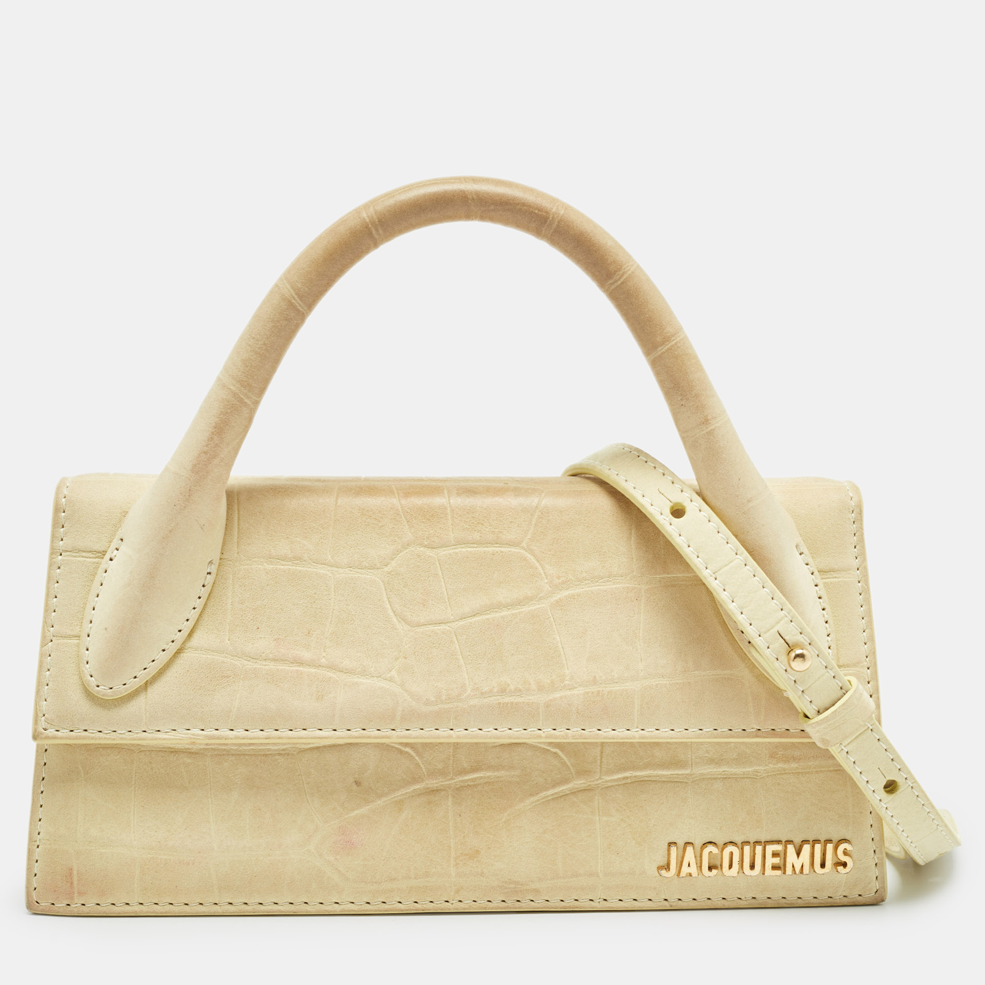 

Jacquemus Light Yellow Croc Embossed Leather Long Le Chiquito Top Handle Bag