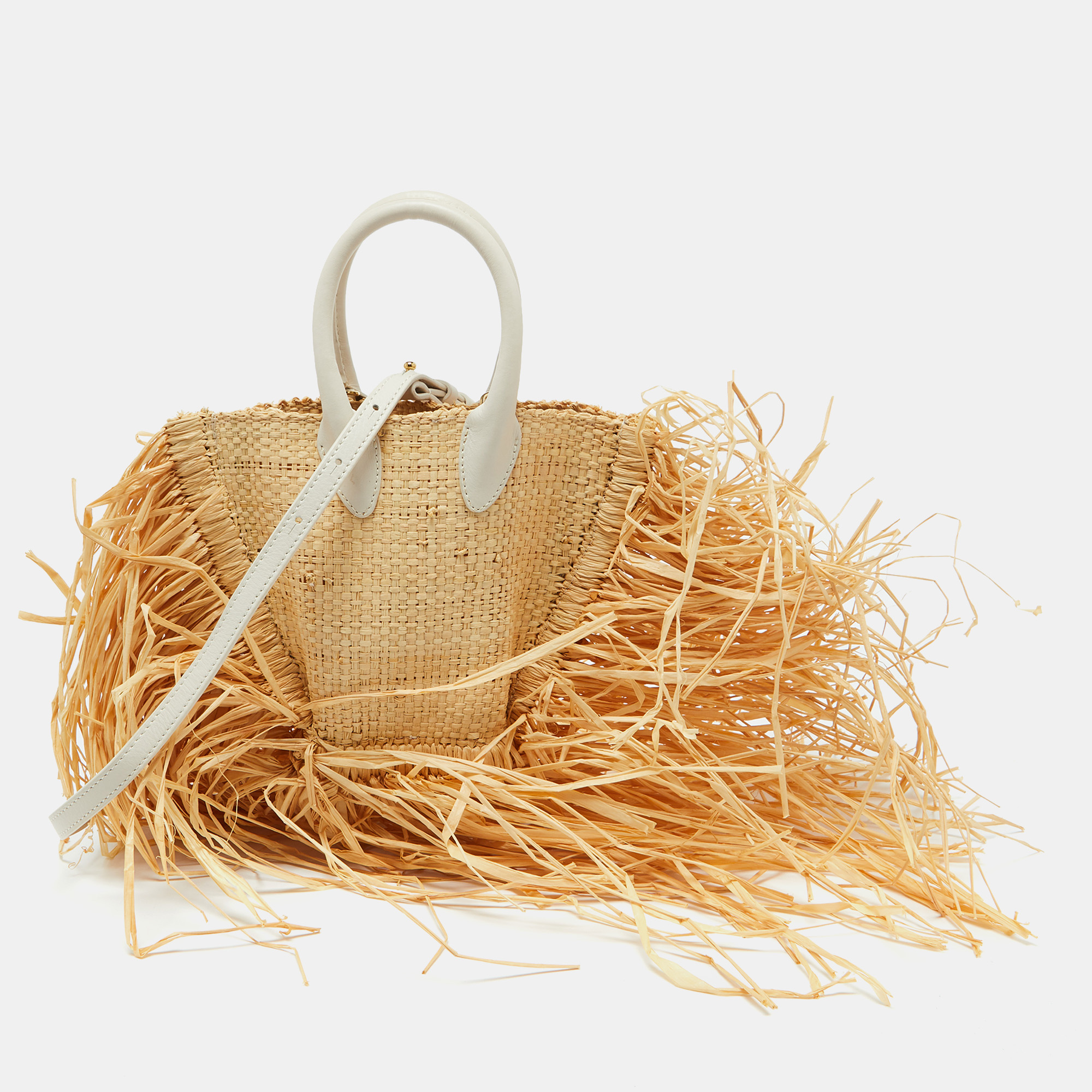 

Jacquemus Cream/White Woven Raffia and Leather Let Petite Baci Shoulder Bag