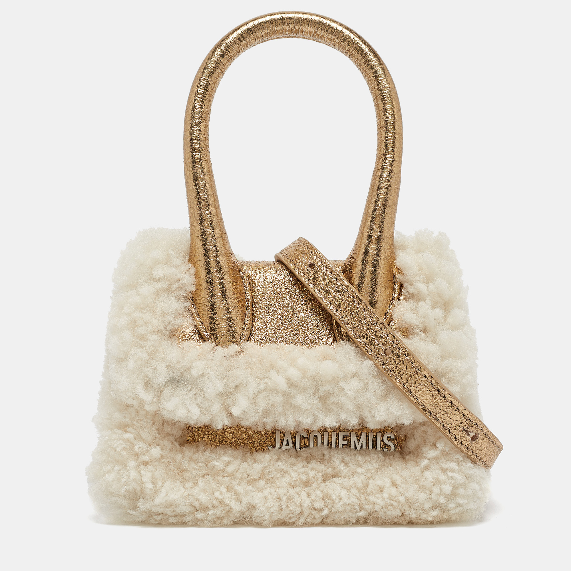 

Jacquemus Gold Foil Leather and Shearling Mini Le Chiquito Top Handle Bag