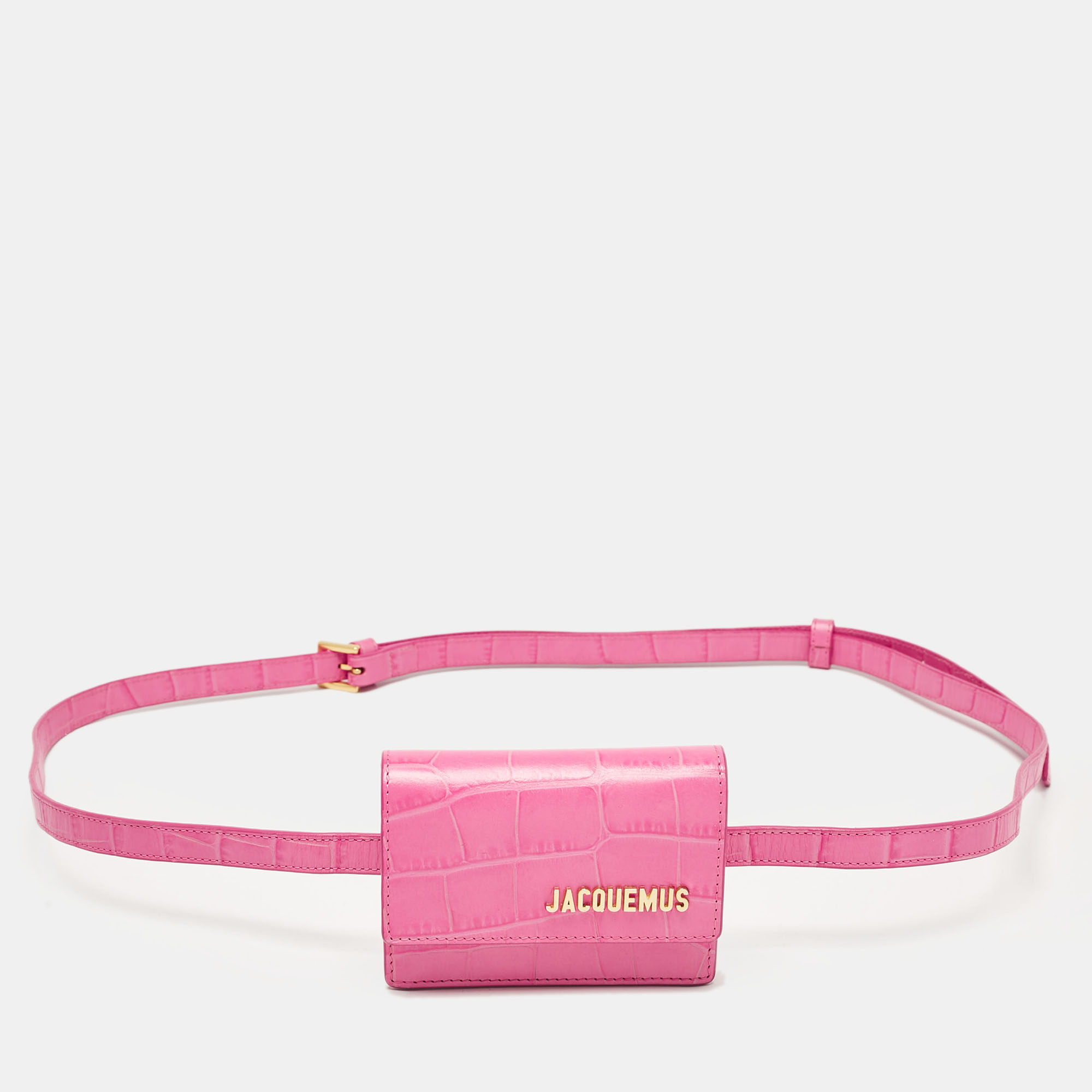 

Jacquemus Pink Croc Embossed Leather La Riviera Double Tour Belt Bag