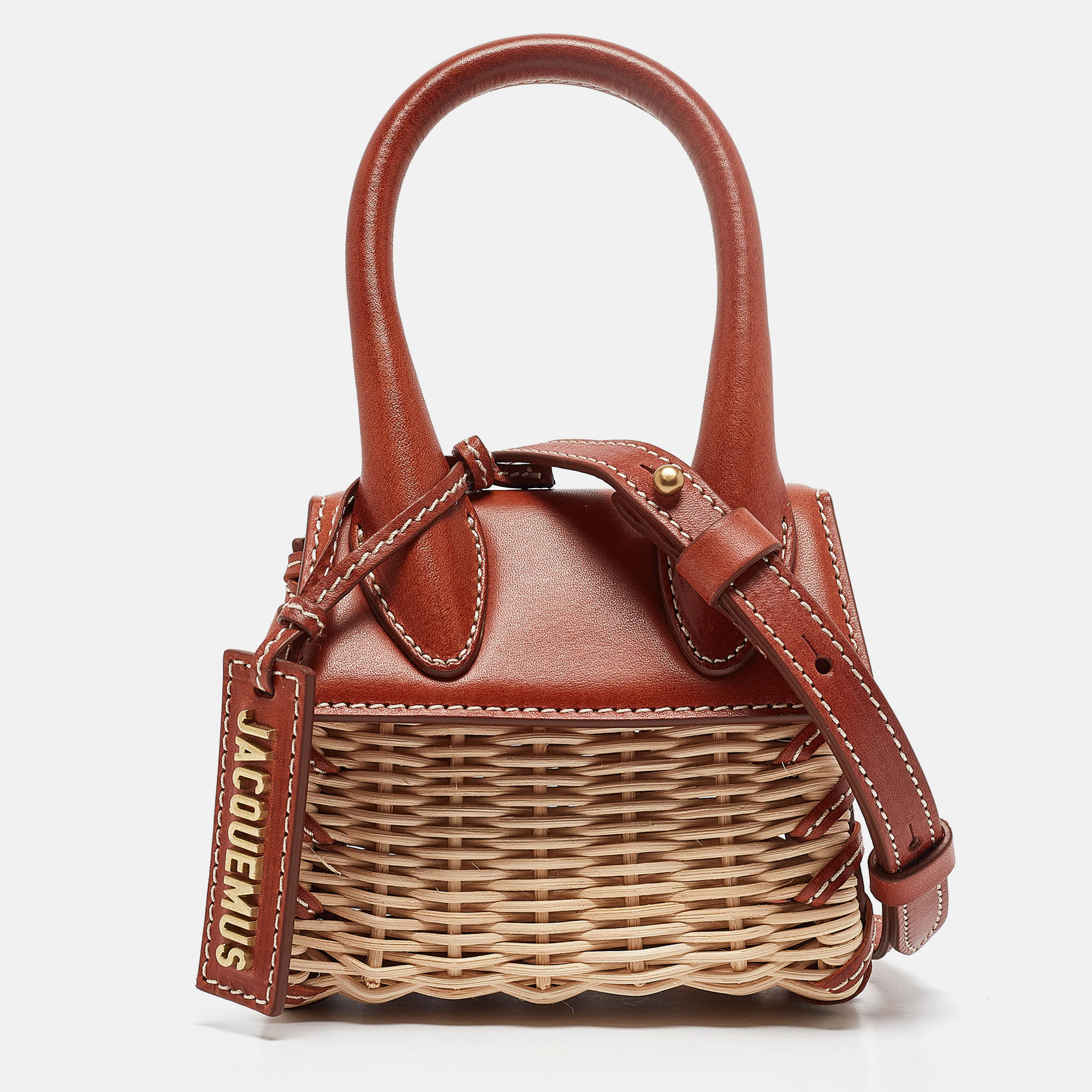 

Jacquemus Brown/Cream Woven Rattan and Leather Wicker Le Chiquito Top Handle Bag