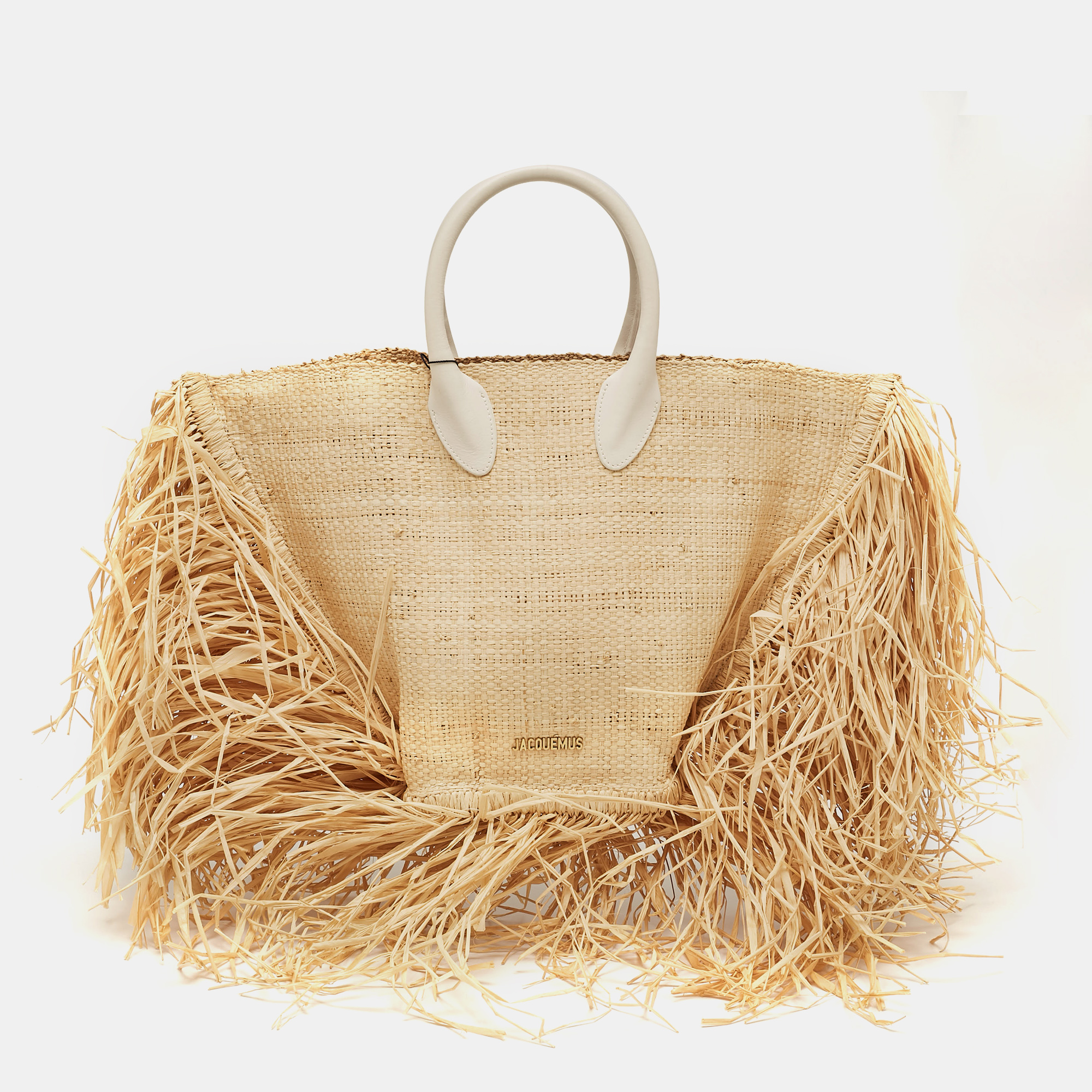 

Jacquemus Beige Woven Raffia and Leather Le Baci Fringe Tote