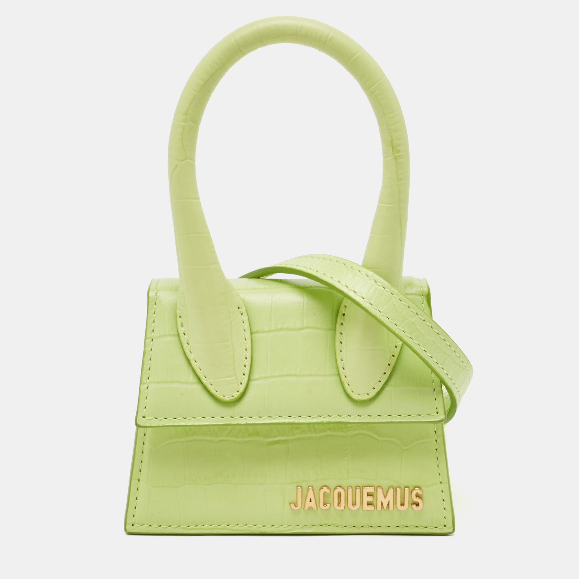 

Jacquemus Light Green Croc Embossed Leather Mini Le Chiquito Top Handle Bag