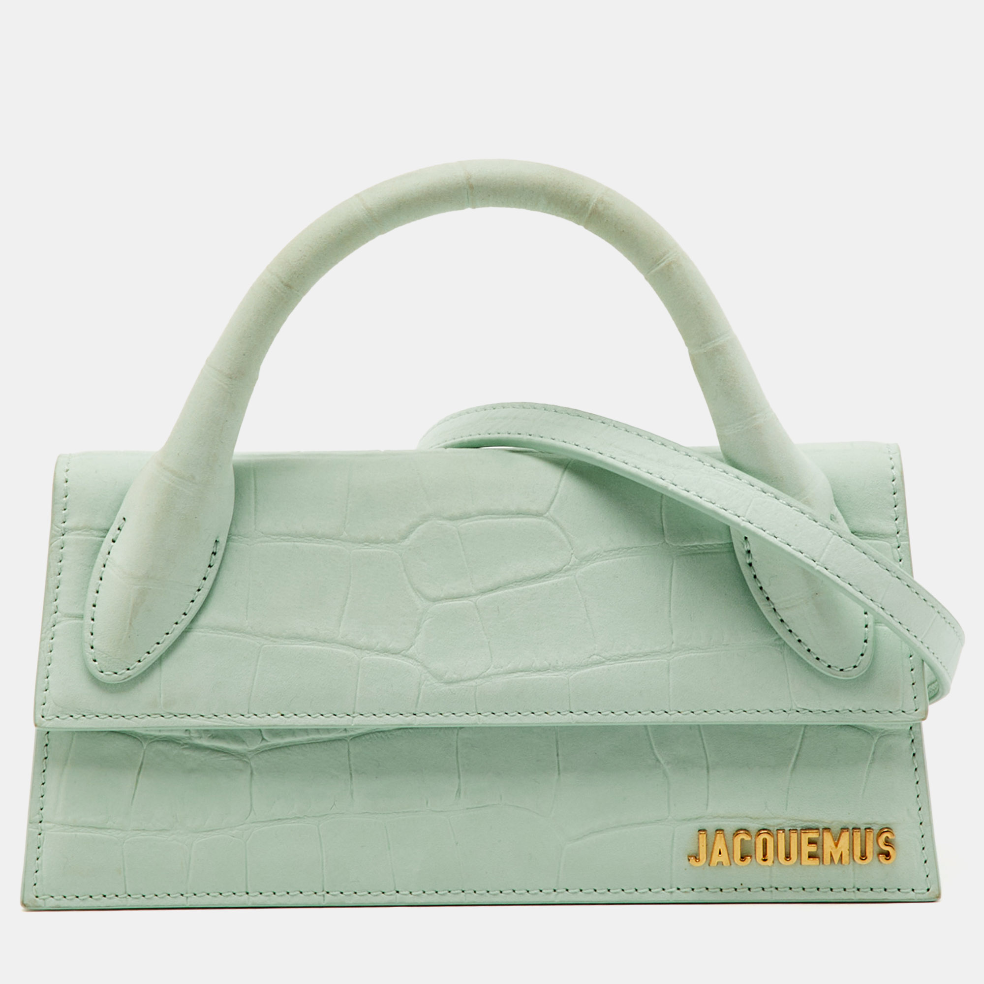 Pre-owned Jacquemus Light Green Croc Embossed Nubuck Leather Long Le Chiquito Top Handle Bag