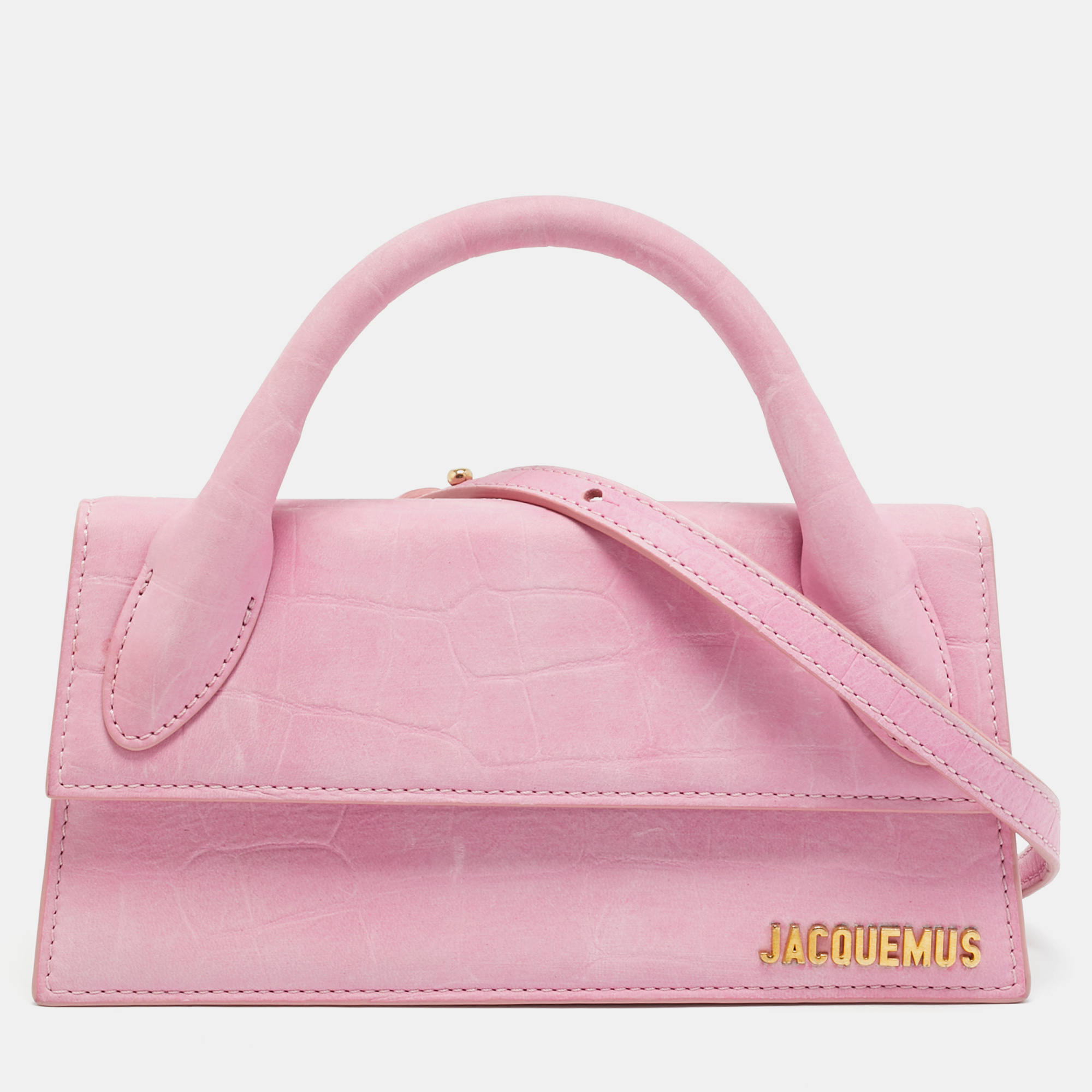 

Jacquemus Le Chiquito Long Pink Croc Embossed Nubuck Leather Top Handle Bag