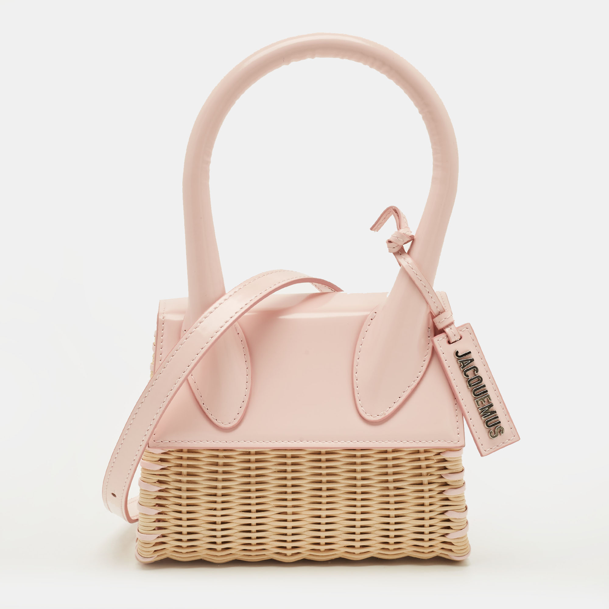 Pre-owned Jacquemus Le Chiquito Osier Moyen Pink/beige Leather And Wicker Top Handle Bag In Yellow