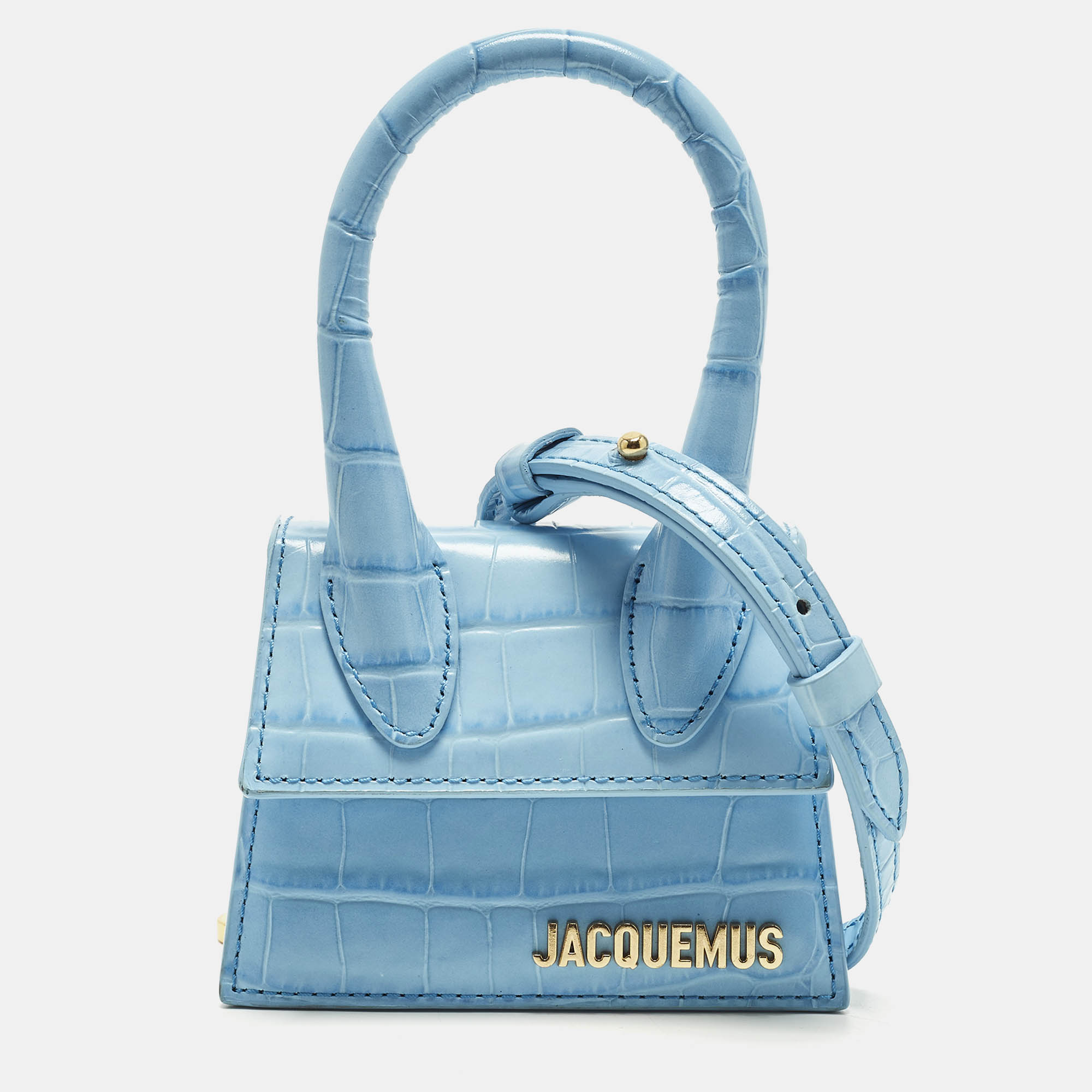 

Jacquemus Le Chiquito Mini Light Blue Croc Embossed Leather Top Handle Bag
