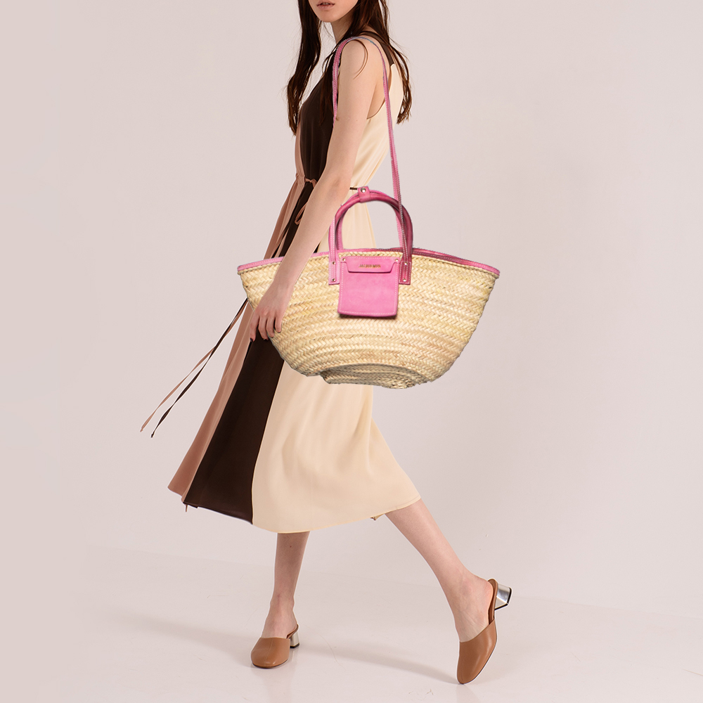 

Jacquemus Pink/Cream Raffia and Nubuck Leather Le Panier Soleil Basket Bag