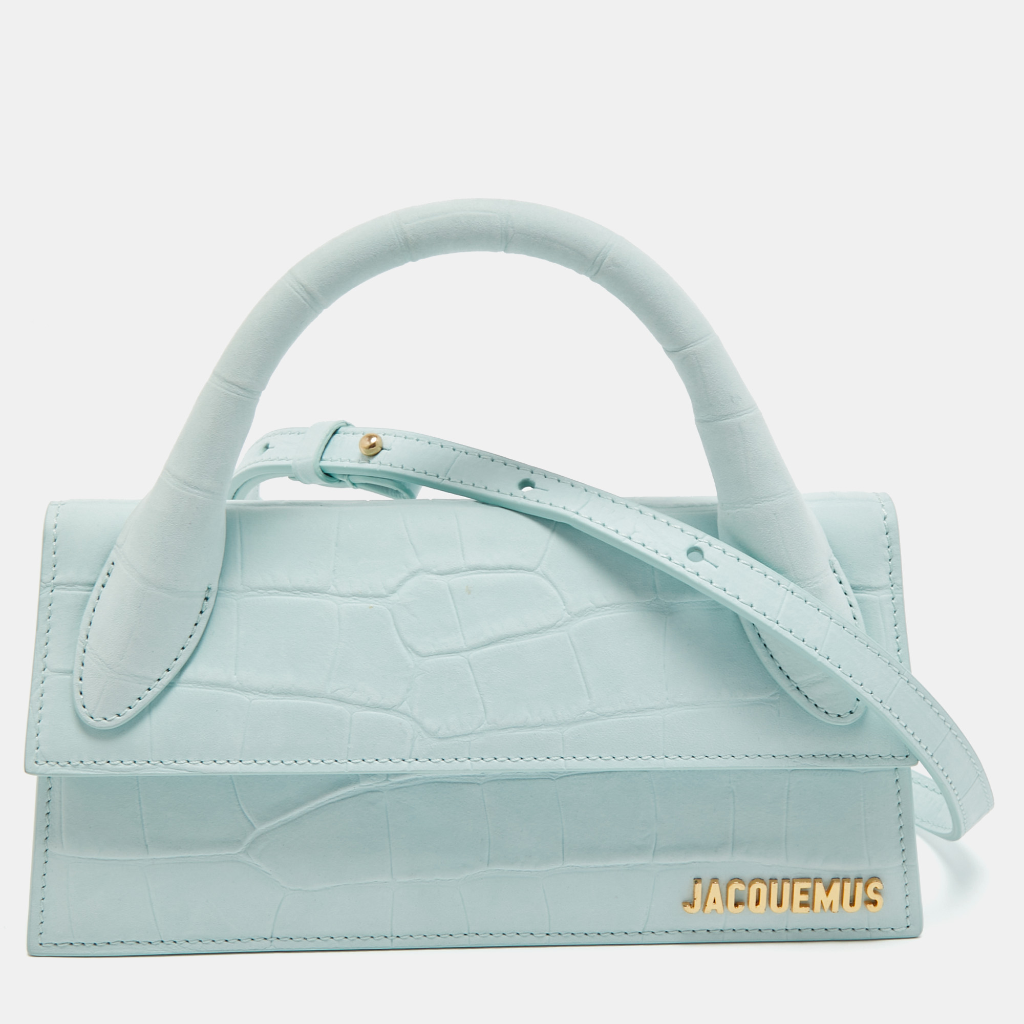 Preowned Jacquemus Light Blue Croc Embossed Nubuck Leather Long Le