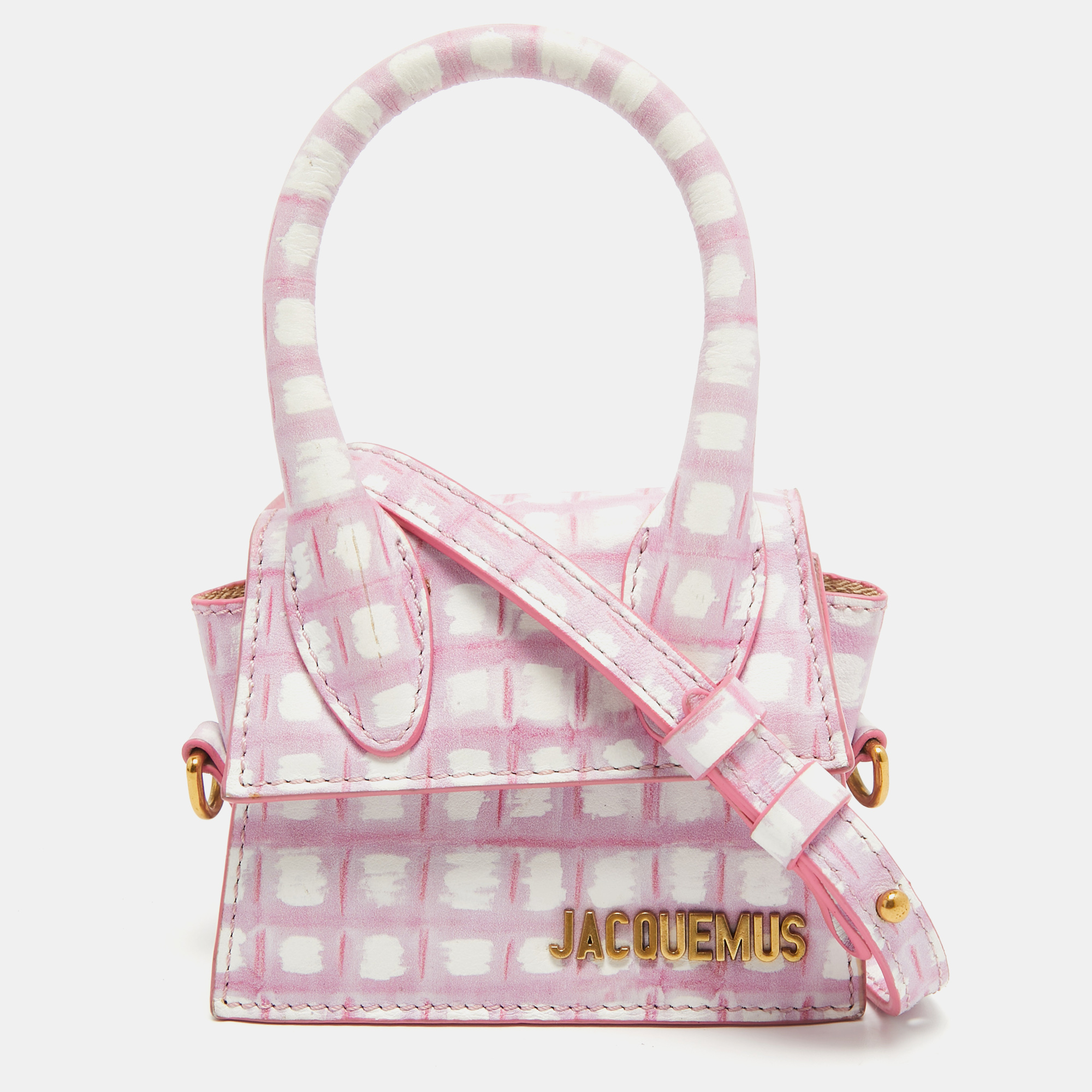 

Jacquemus Pink/White Checkered Leather Mini Le Chiquito Top Handle Bag