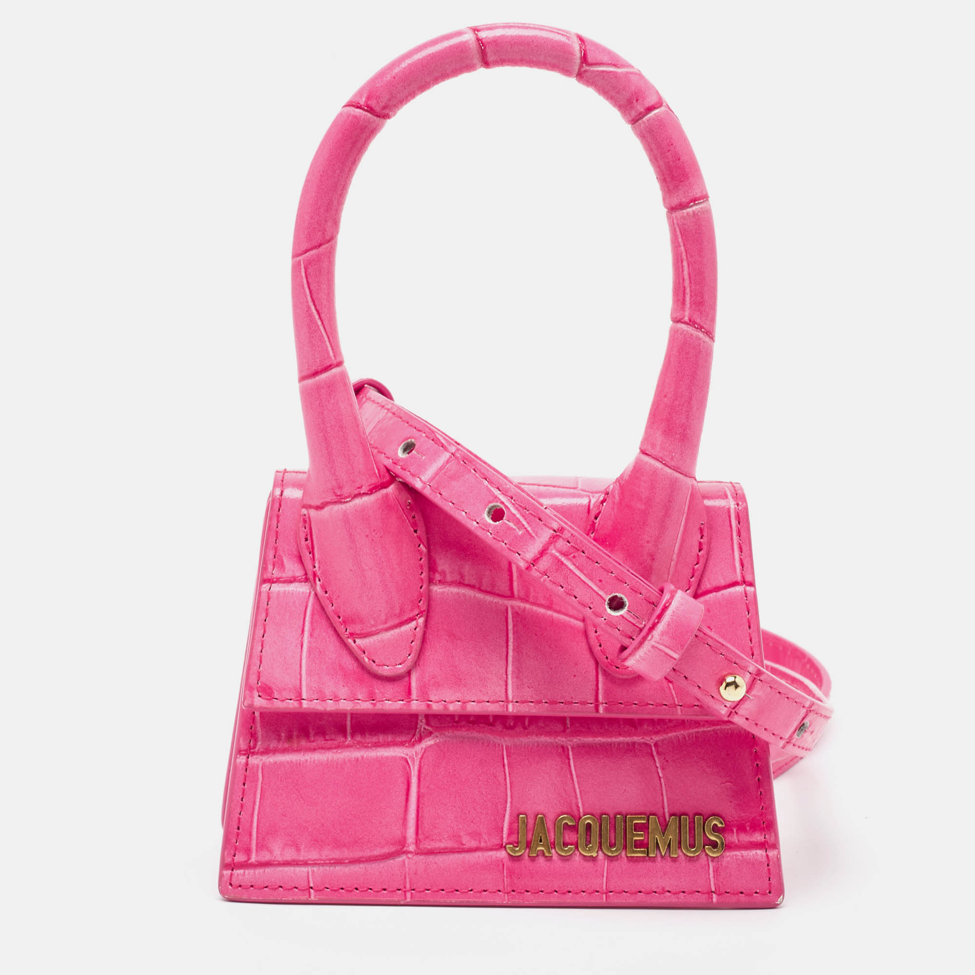 Pre-owned Jacquemus Pink Croc Leather Mini Le Chiquito Top Handle Bag