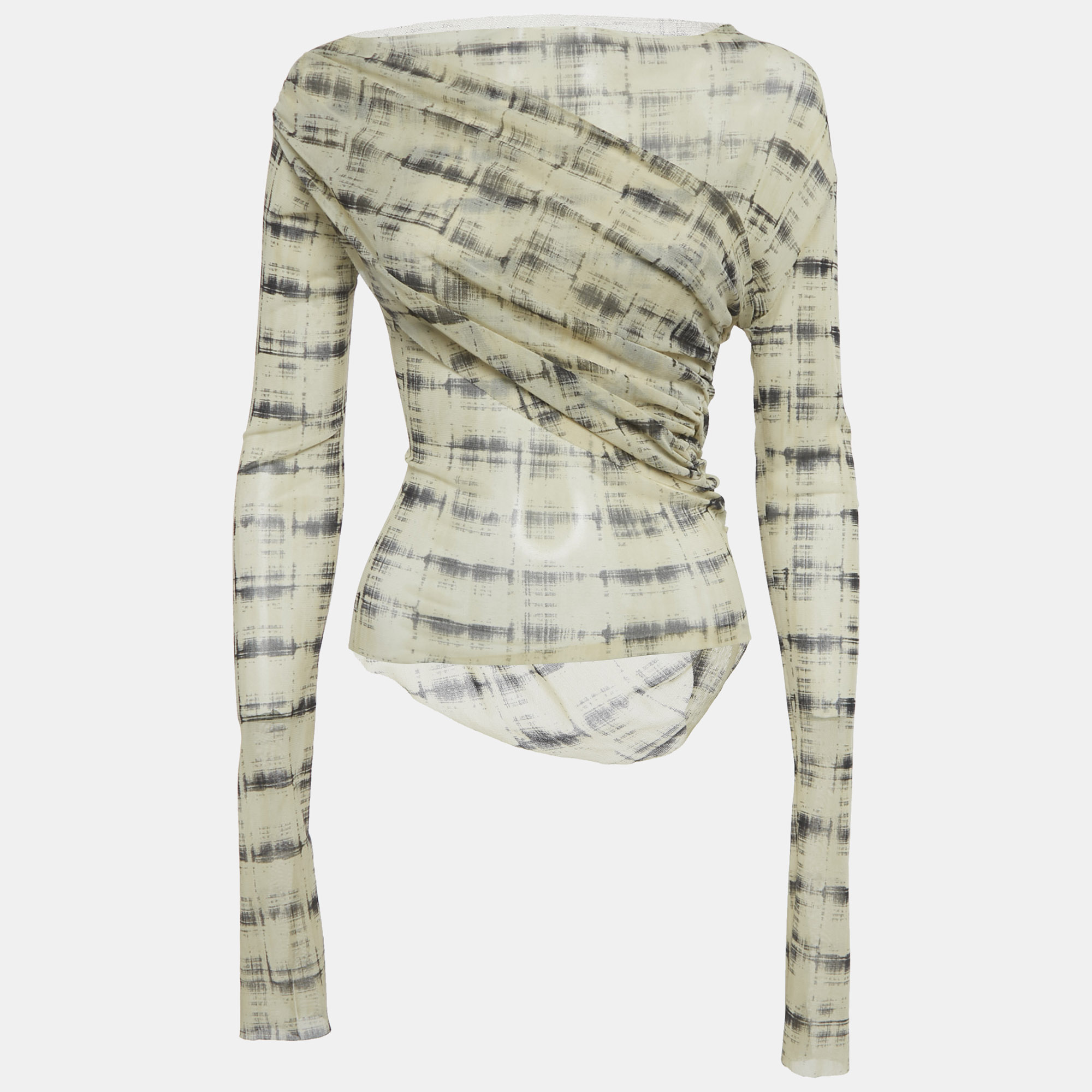 Pre-owned Jade Cropper Light Beige Printed Mesh Drape Detail Sheer Top S In Sand