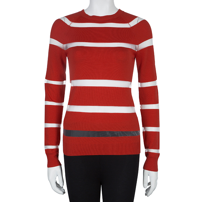 

Jason Wu Red Merino Wool Sheer Stripe Detail Sweater