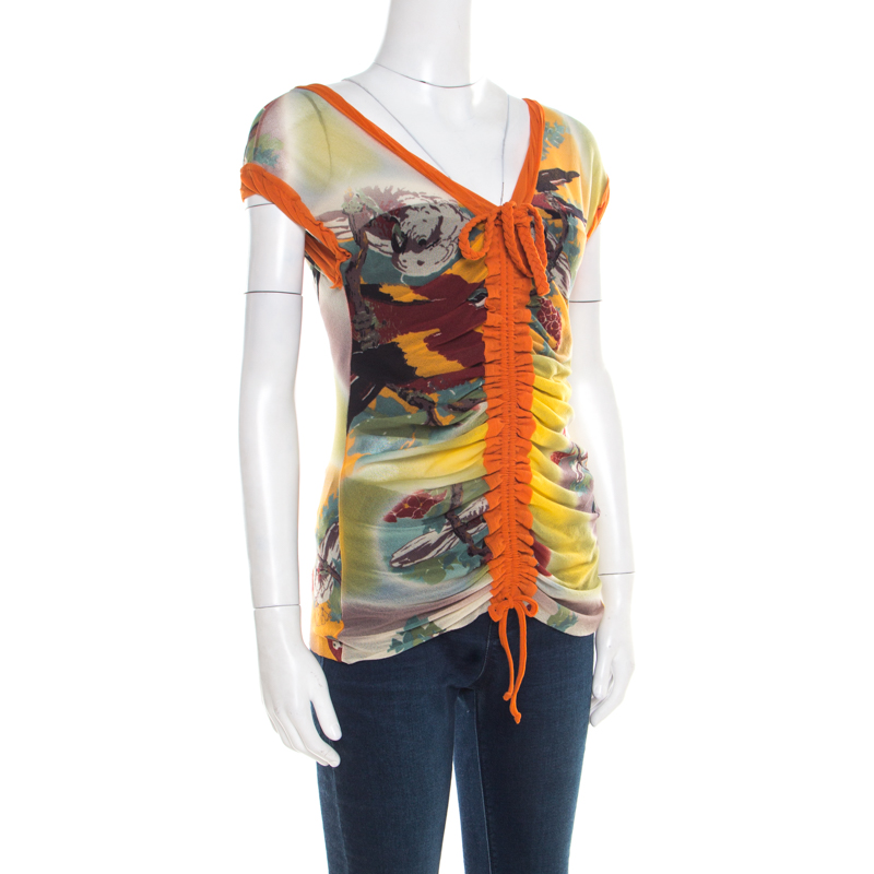 

Jean Paul Gaultier Soleil Multicolor Printed Nylon Mesh Ruched Top