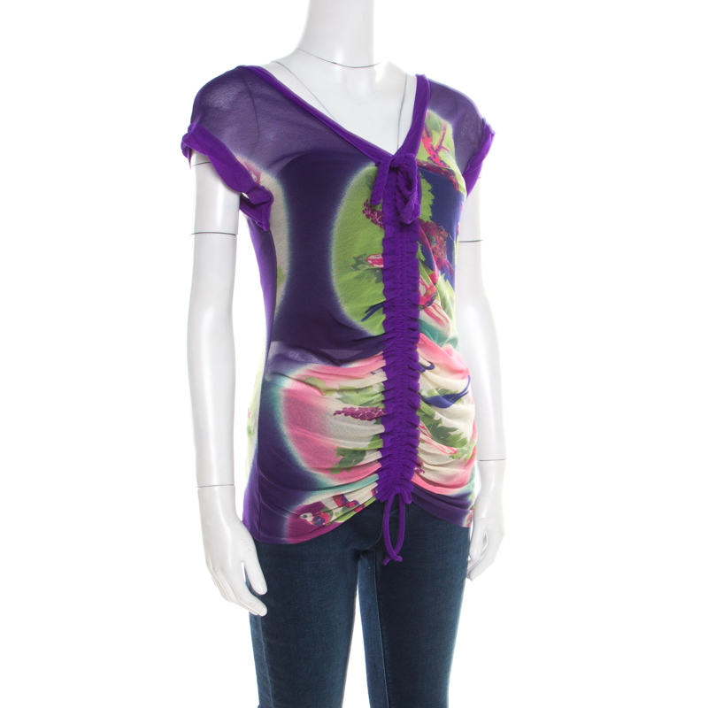 

Jean Paul Gaultier Soleil Multicolor Printed Nylon Mesh Ruched Top