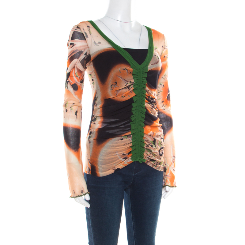 

Jean Paul Gaultier Soleil Multicolor Printed Nylon Mesh Ruched Long Sleeve Top