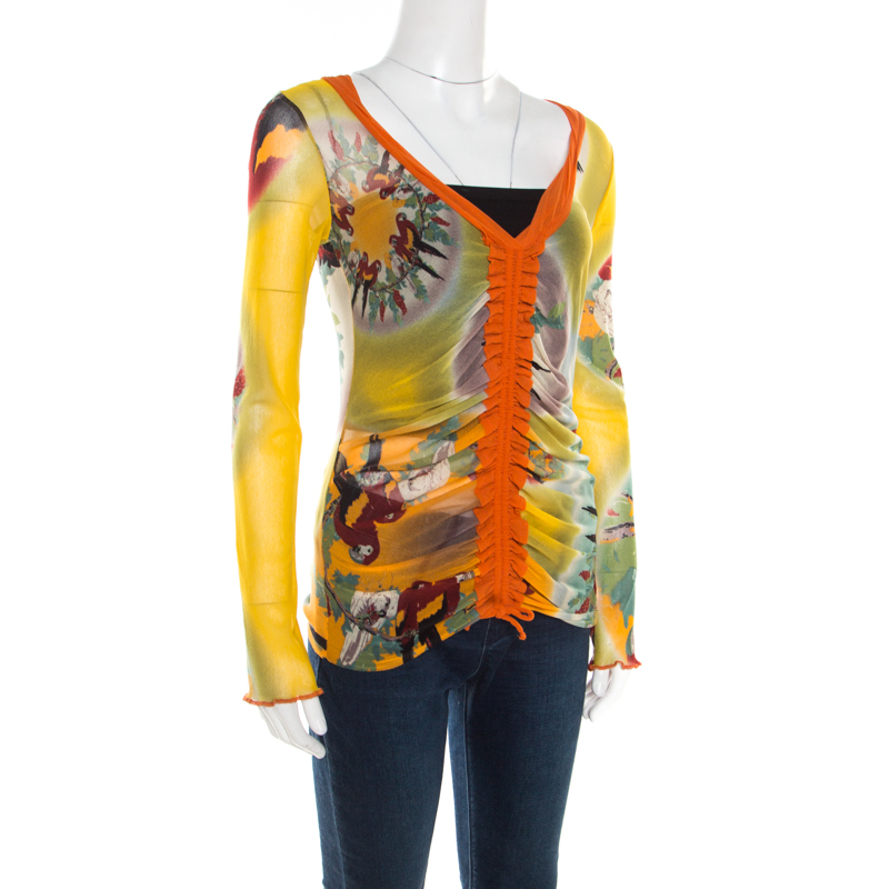 

Jean Paul Gaultier Soleil Multicolor Bird Printed Nylon Mesh Ruched Long Sleeve Top