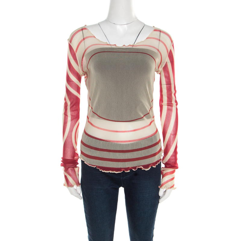 Jean Paul Gaultier Soleil Red and Cream Printed Nylon Mesh Long Sleeve ...
