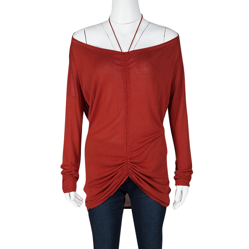 

Jean Paul Gaultier Tomato Red Knit Ruched Long Sleeve Top