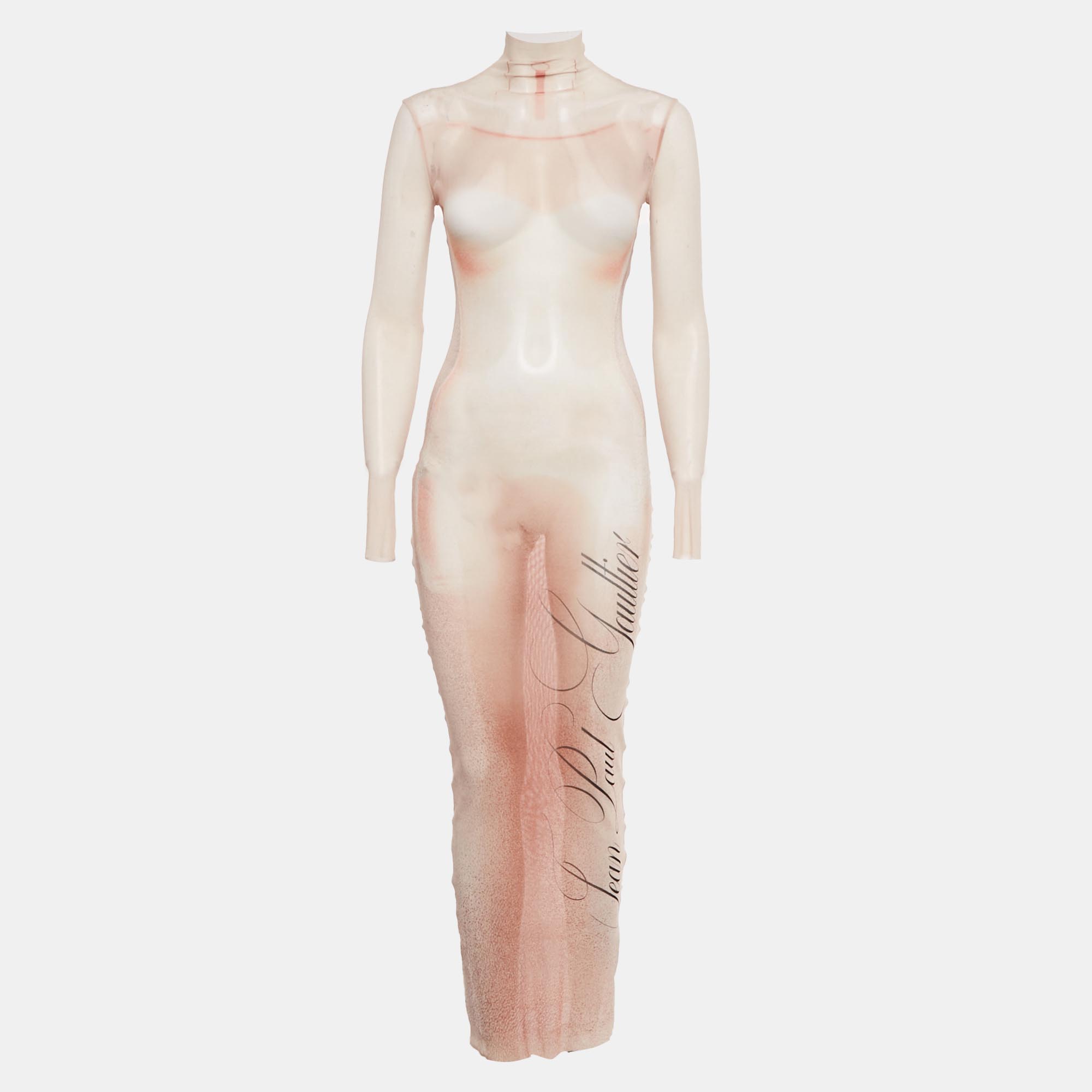 

Jean Paul Gaultier Beige Printed Mesh Le Classique Long Dress XXS