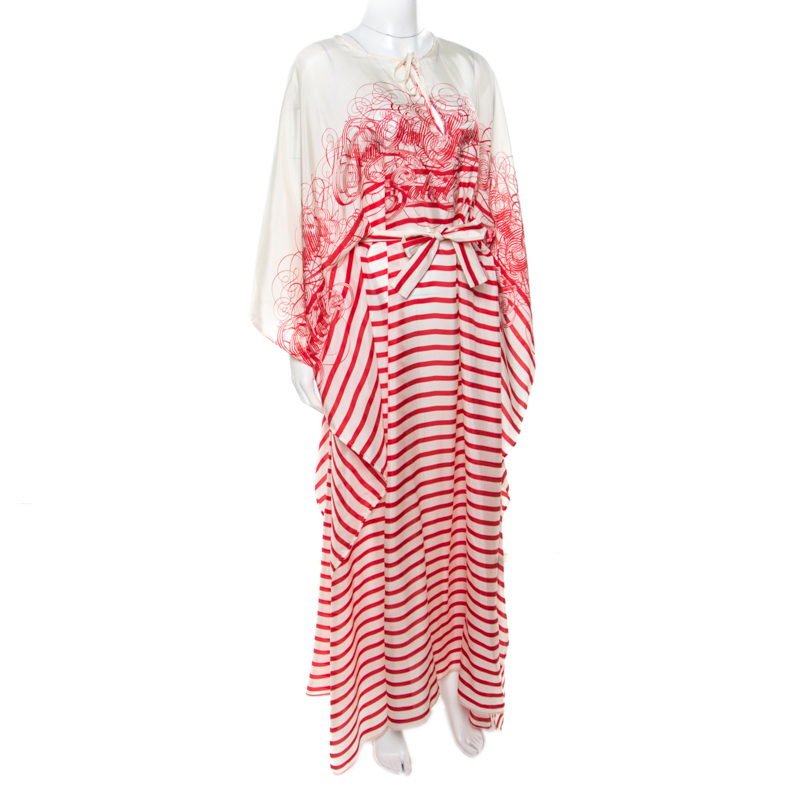

Jean Paul Gaultier Soleil Cream and Red Printed Silk Oversized Belted Kaftan Tunic