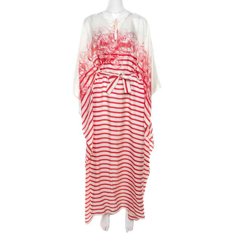 Jean Paul Gaultier Soleil Cream and Red Printed Silk Oversized Belted Kaftan Tunic M