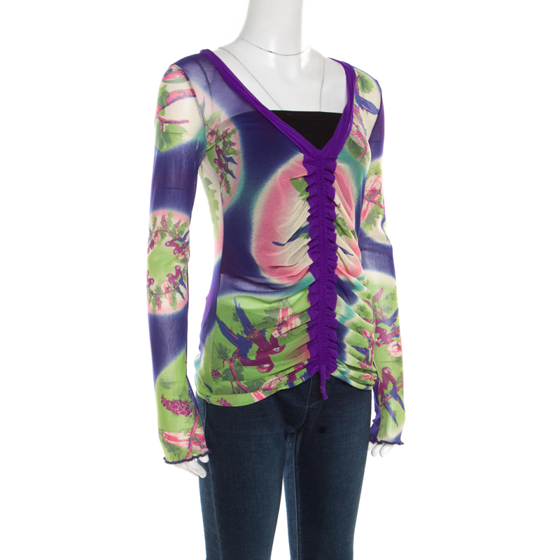 

Jean Paul Gaultier Soleil Multicolor Floral Printed Nylon Mesh Ruched Long Sleeve Top