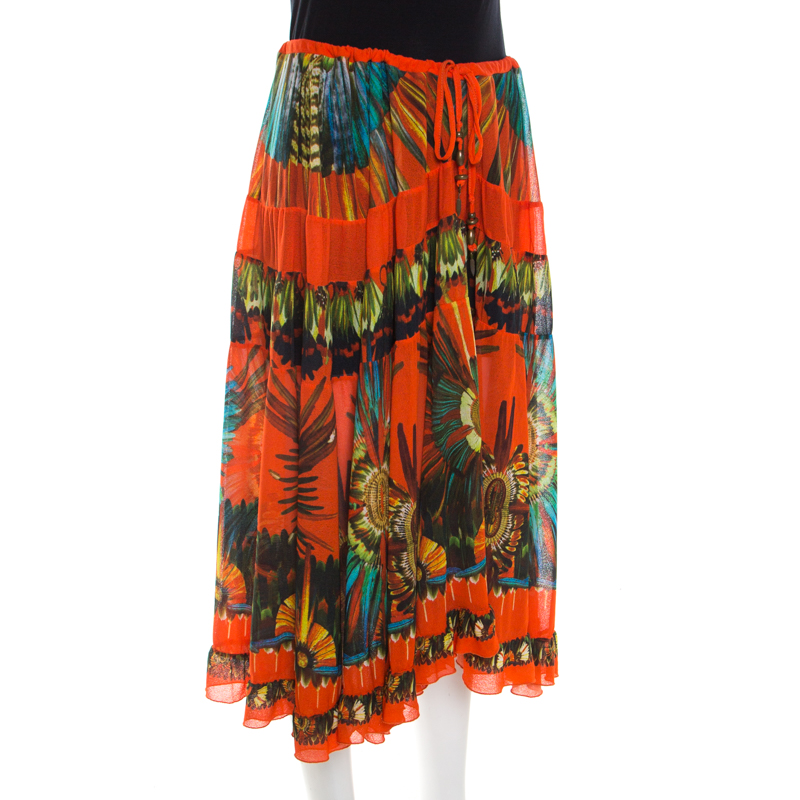 

Jean Paul Gaultier Soleil Orange Floral Printed Gauze Tiered Midi Skirt
