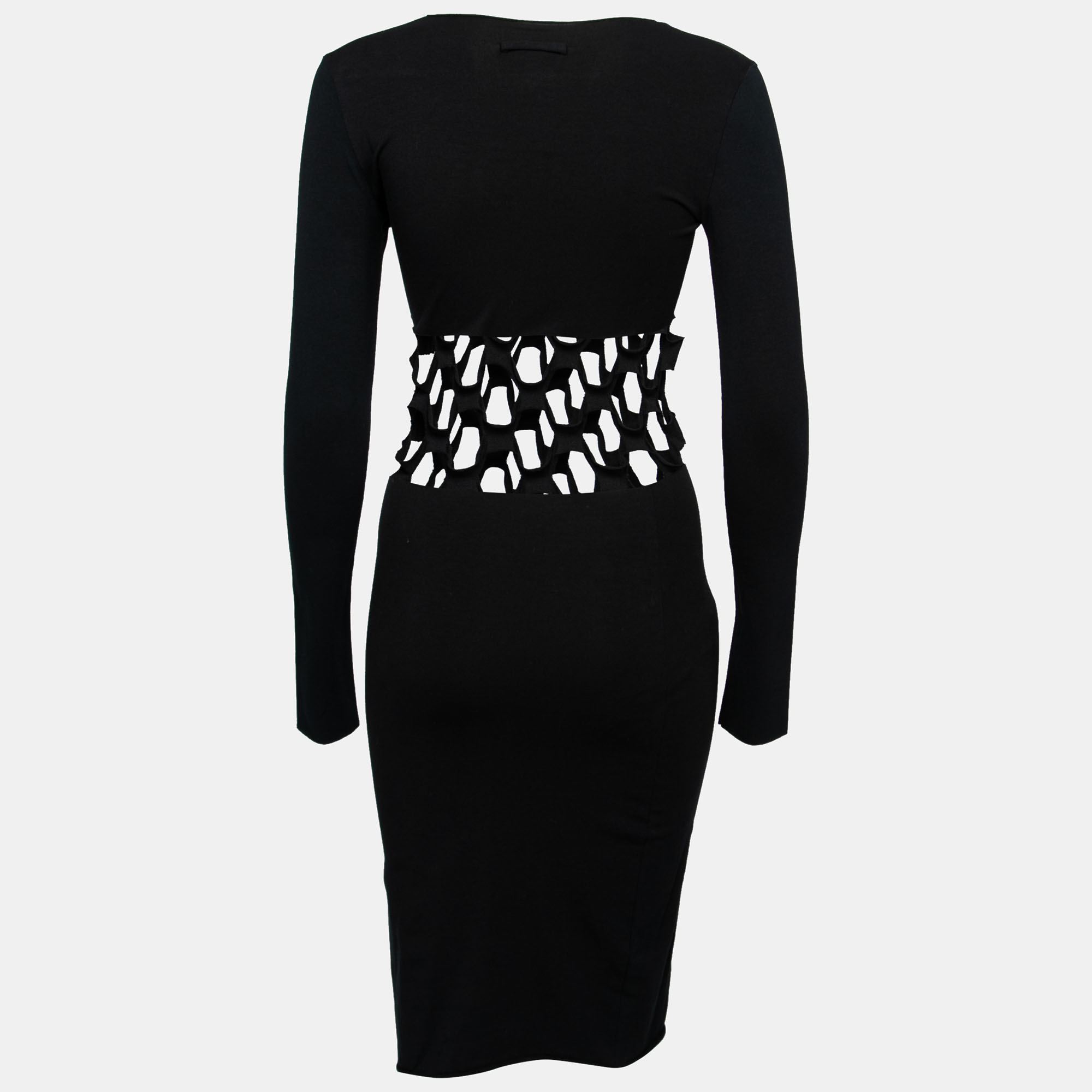 

Jean Paul Gaultier Soleil Black Cotton Jersey Distressed Waist Bodycon Dress