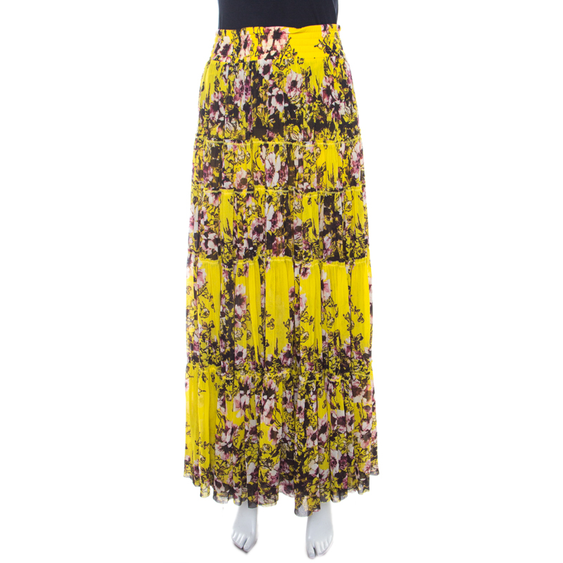 Pre Owned Jean Paul Gaultier Yellow Floral Printed Gauze Tiered Long Skirt M