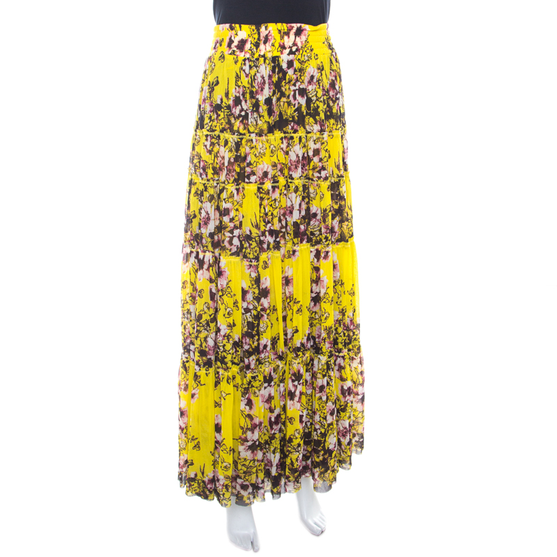 

Jean Paul Gaultier Yellow Floral Printed Gauze Tiered Long Skirt