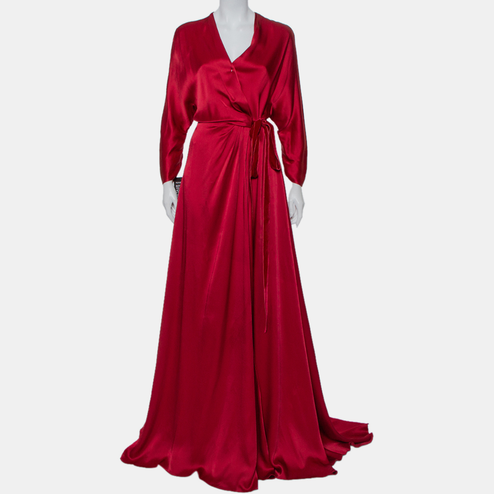 Pre-owned Jenny Packham Burgundy Satin Trail Detail Wrap Gown M