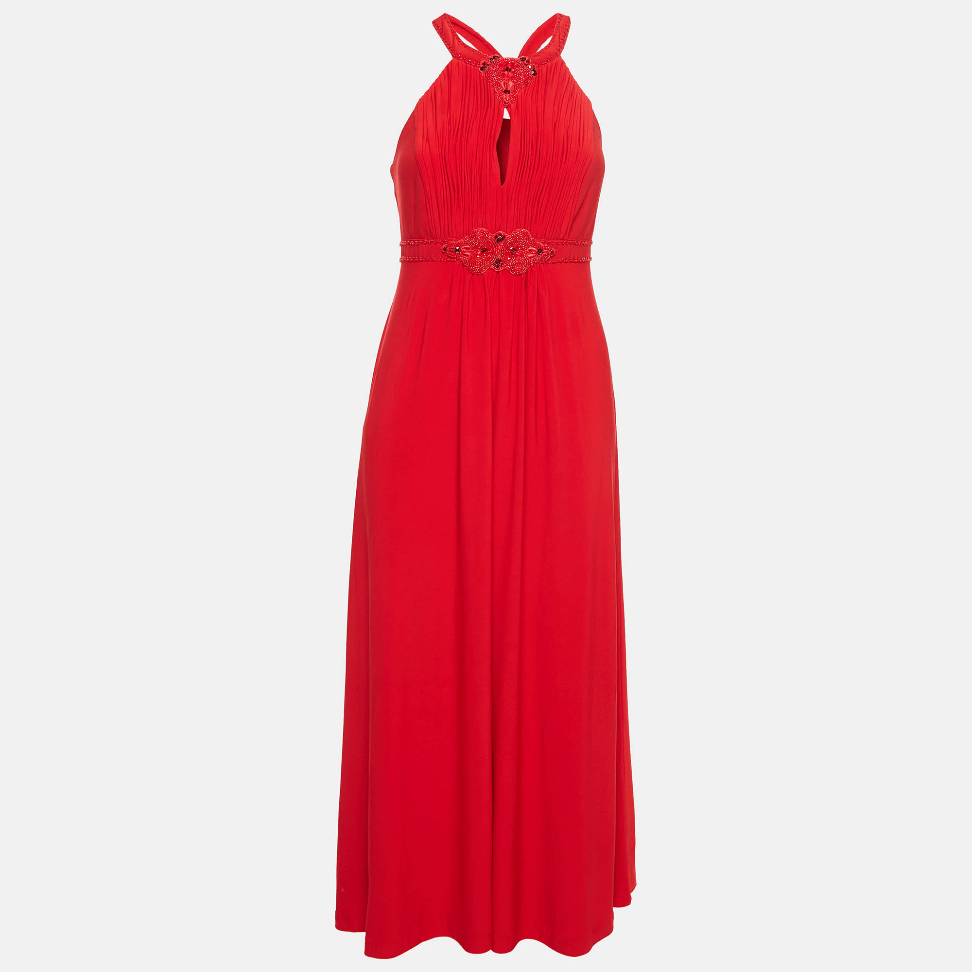 Pre-owned Jenny Packham Red Beaded Jersey Halter Neck Maxi Dress L