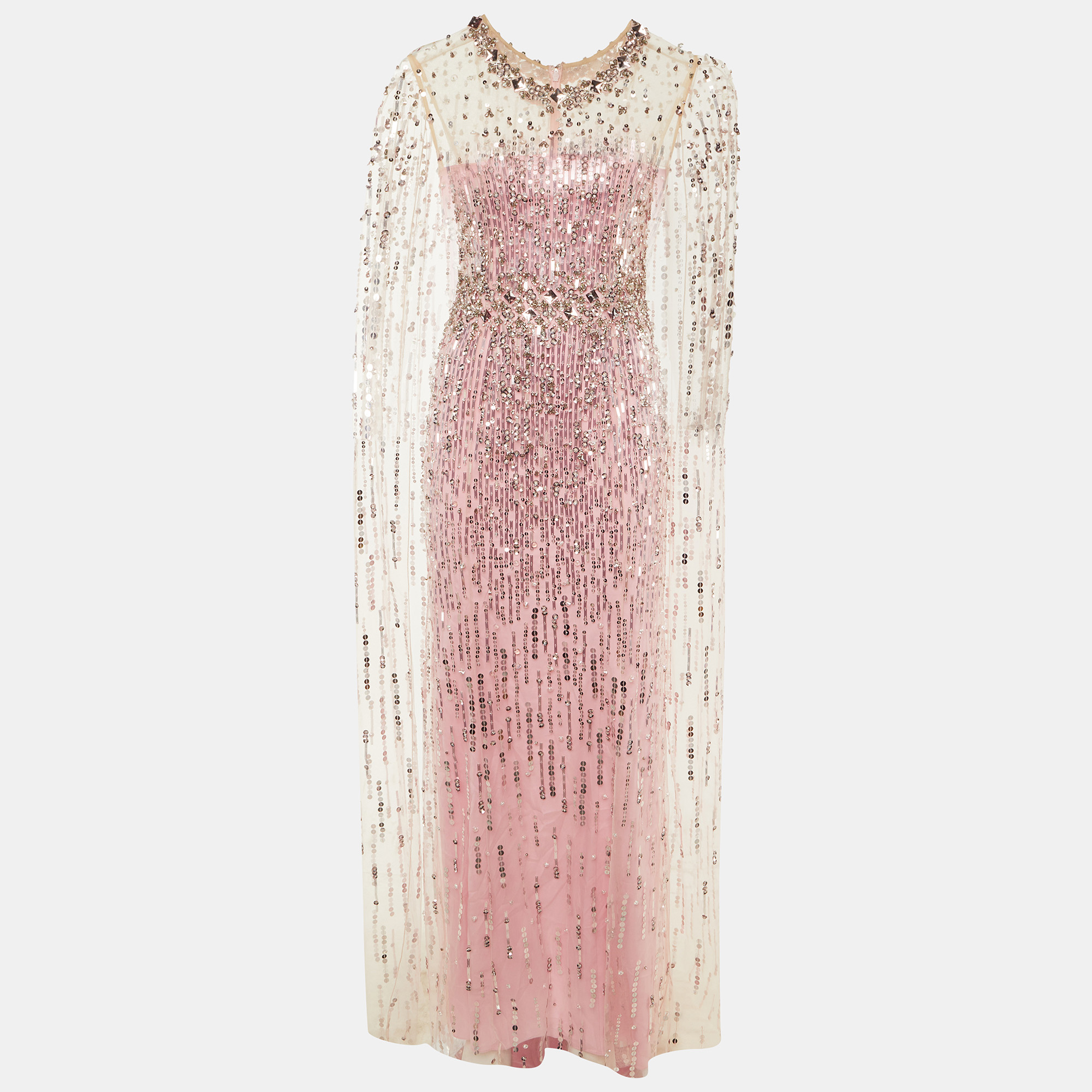 

Jenny Packham Pink Sequin Embellished Mesh Cape Gown M