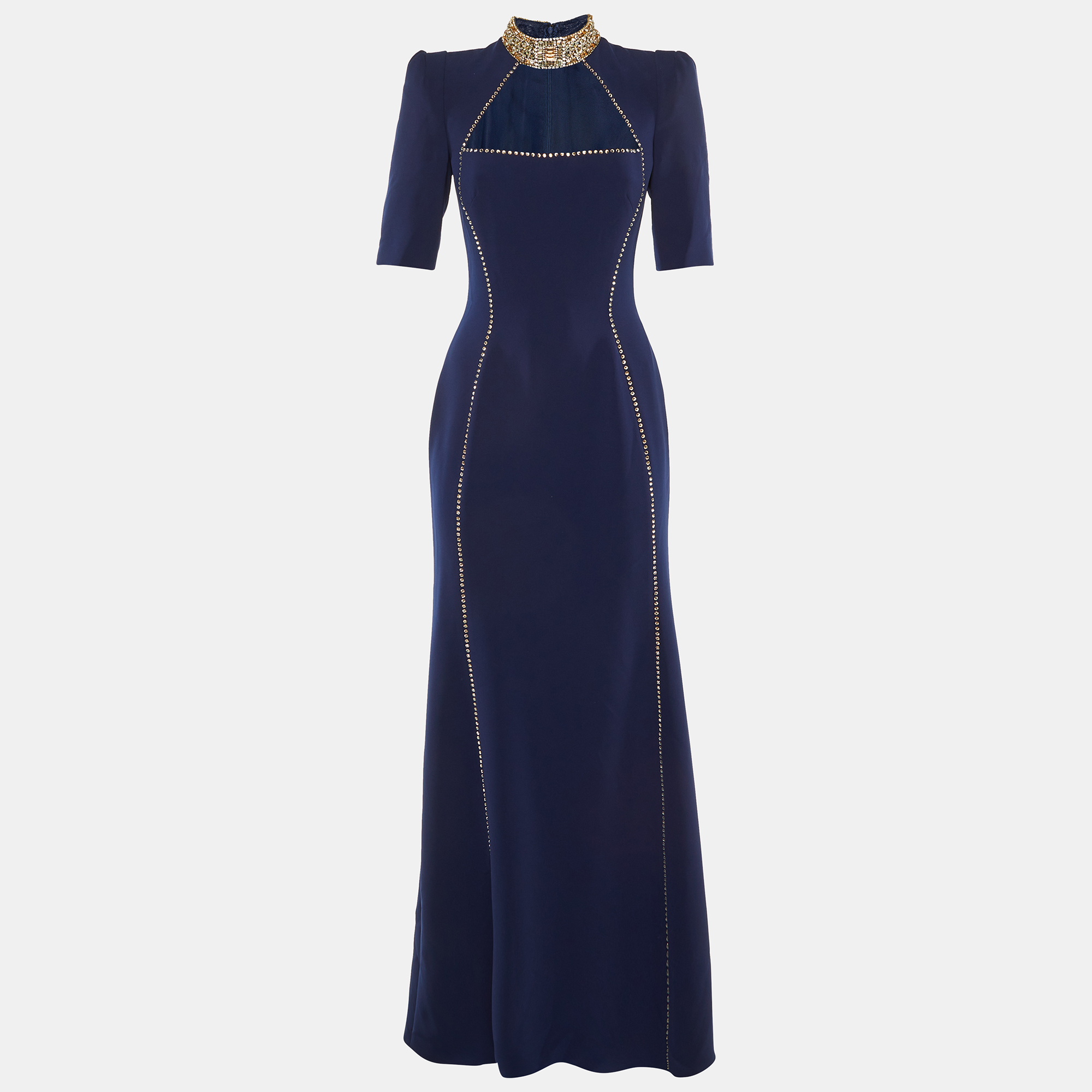 

Jenny Packham Navy Blue Embellished Crepe Gown S