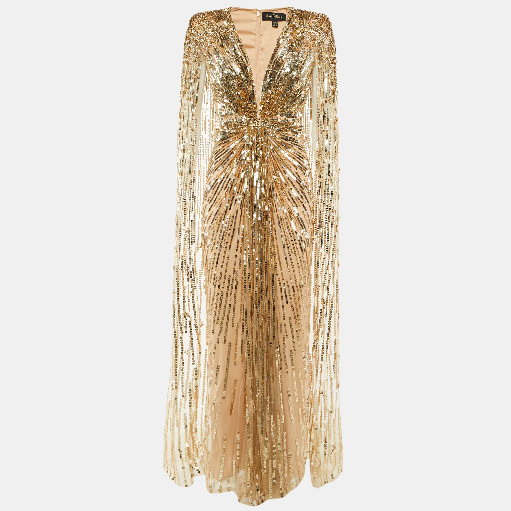 Pre-owned Jenny Packham Gold Embellished Tulle Lotus Lady Gown M