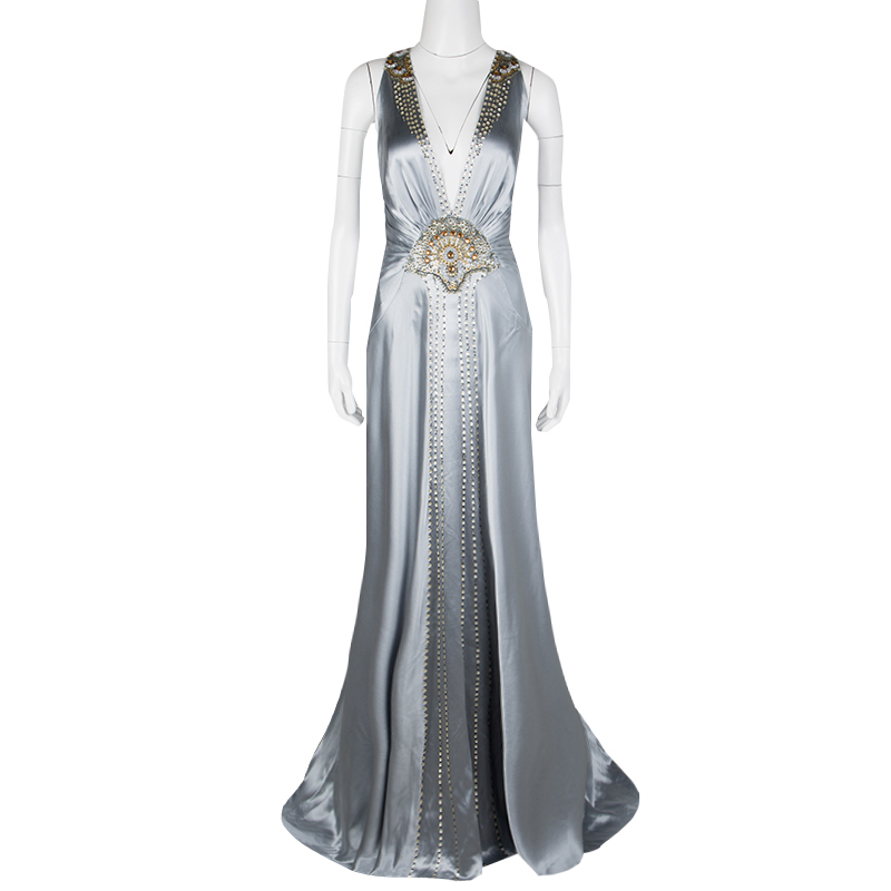 

Jenny Packham Grey Satin Embellished Halter Evening Gown