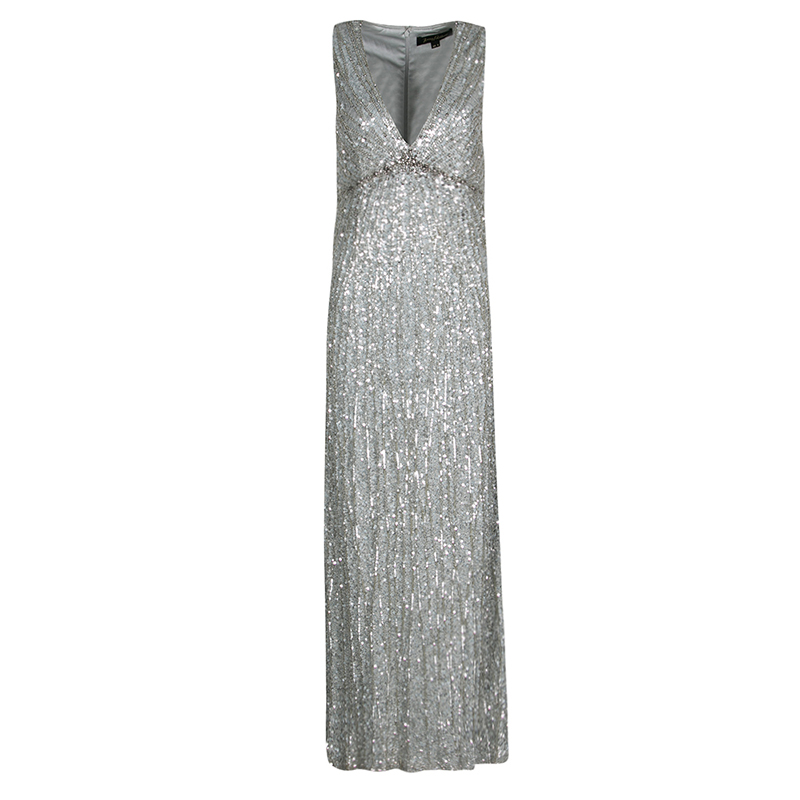 Jenny Packham Grey Sequin Embellished V-Neck Sleeveless Gown S