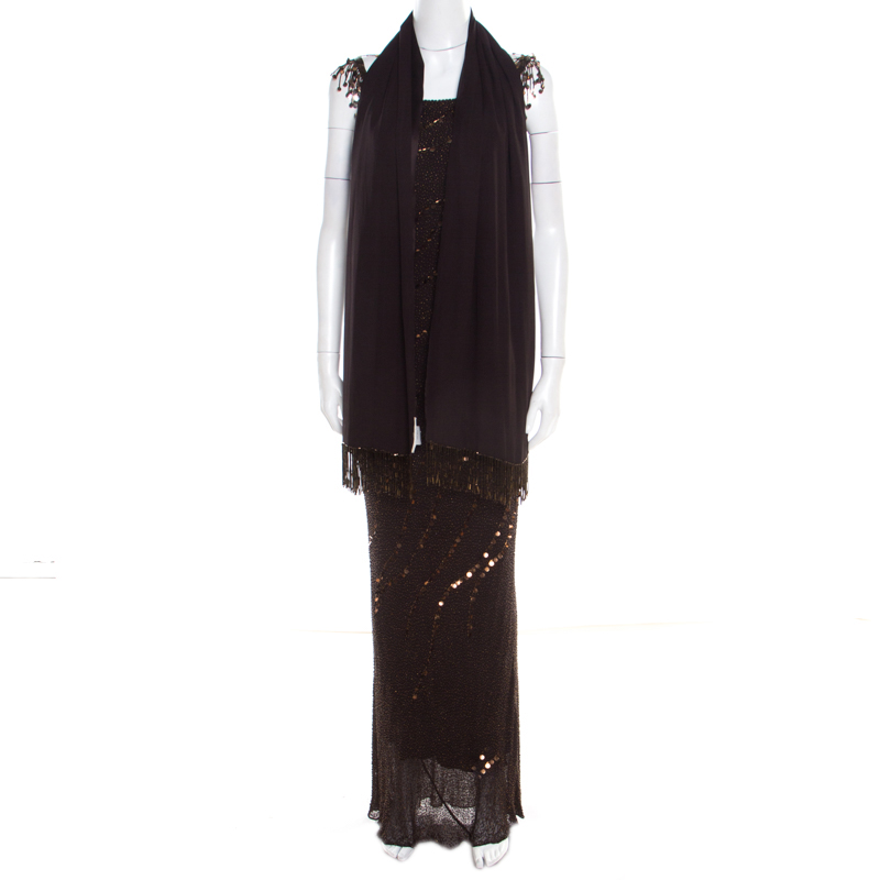 

Jenny Packham Brown Beaded Tassel Detail Sleeveless Gown and Scarf Set