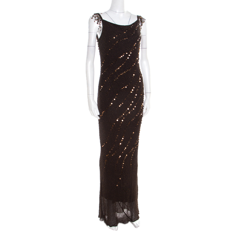 Pre-owned Jenny Packham Brown Beaded Tassel Detail Sleeveless Gown And Scarf Set M