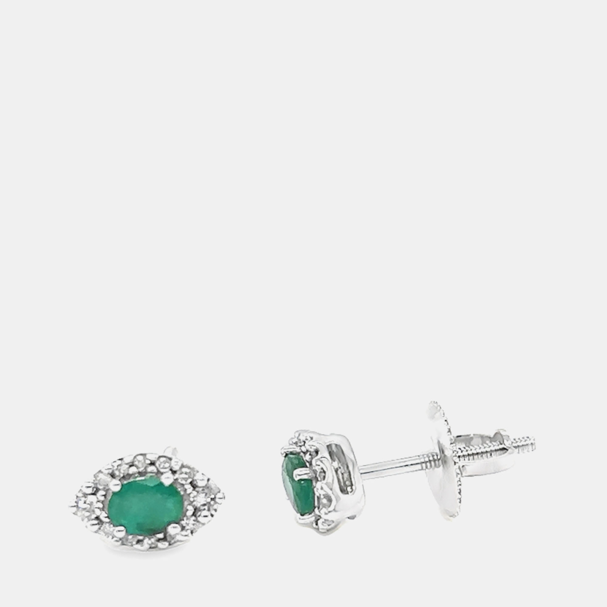 

14K White Gold Oval Emerald Royal Diamond Stud Earrings (0.50 Ctw)