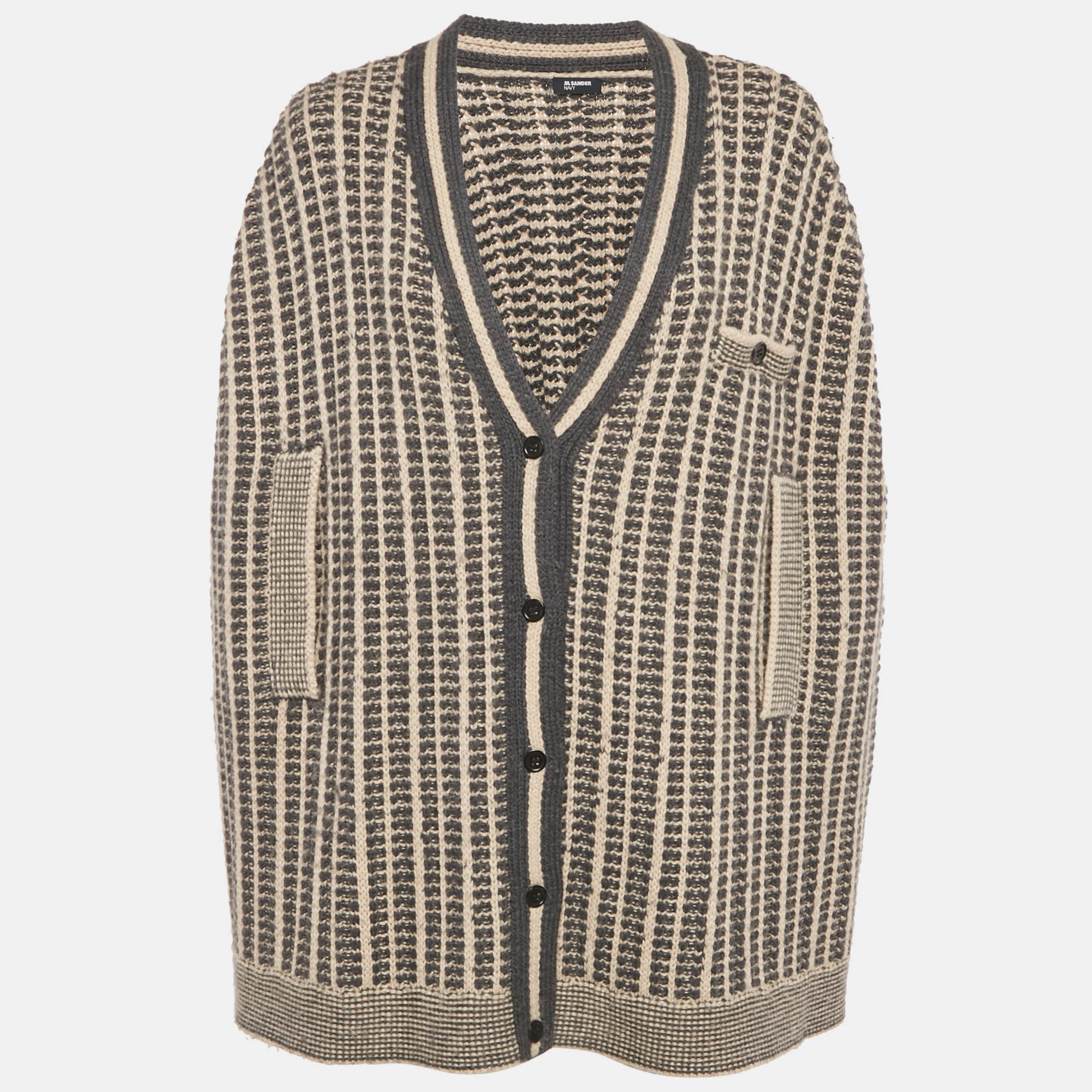 Pre-owned Jil Sander Navy Blue/ Beige Pattered Wool Button Front Cardigan L