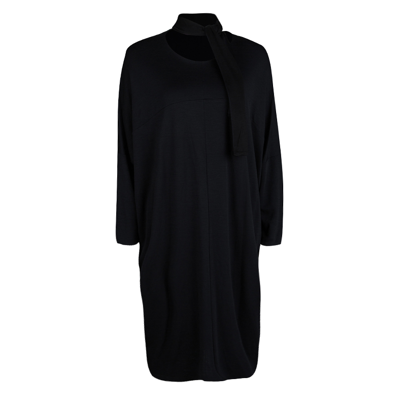 Pre Owned Jil Sander Black Slub Jersey Neck Tie Detail Oversized Dress M