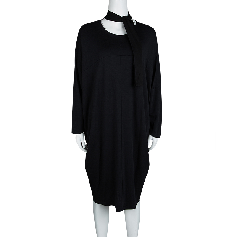 

Jil Sander Black Slub Jersey Neck Tie Detail Oversized Dress